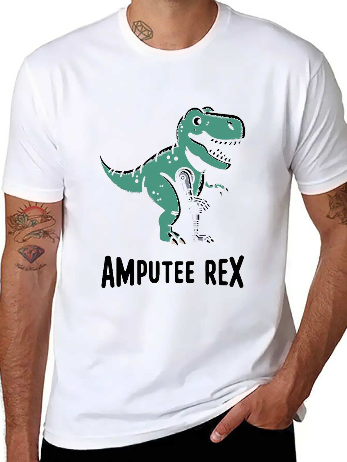 Amputee Rex Tyrannosaurus Prosthetic Leg Handicap Stylish Everyday T-Shirt – Unisex Basic Cotton Tee