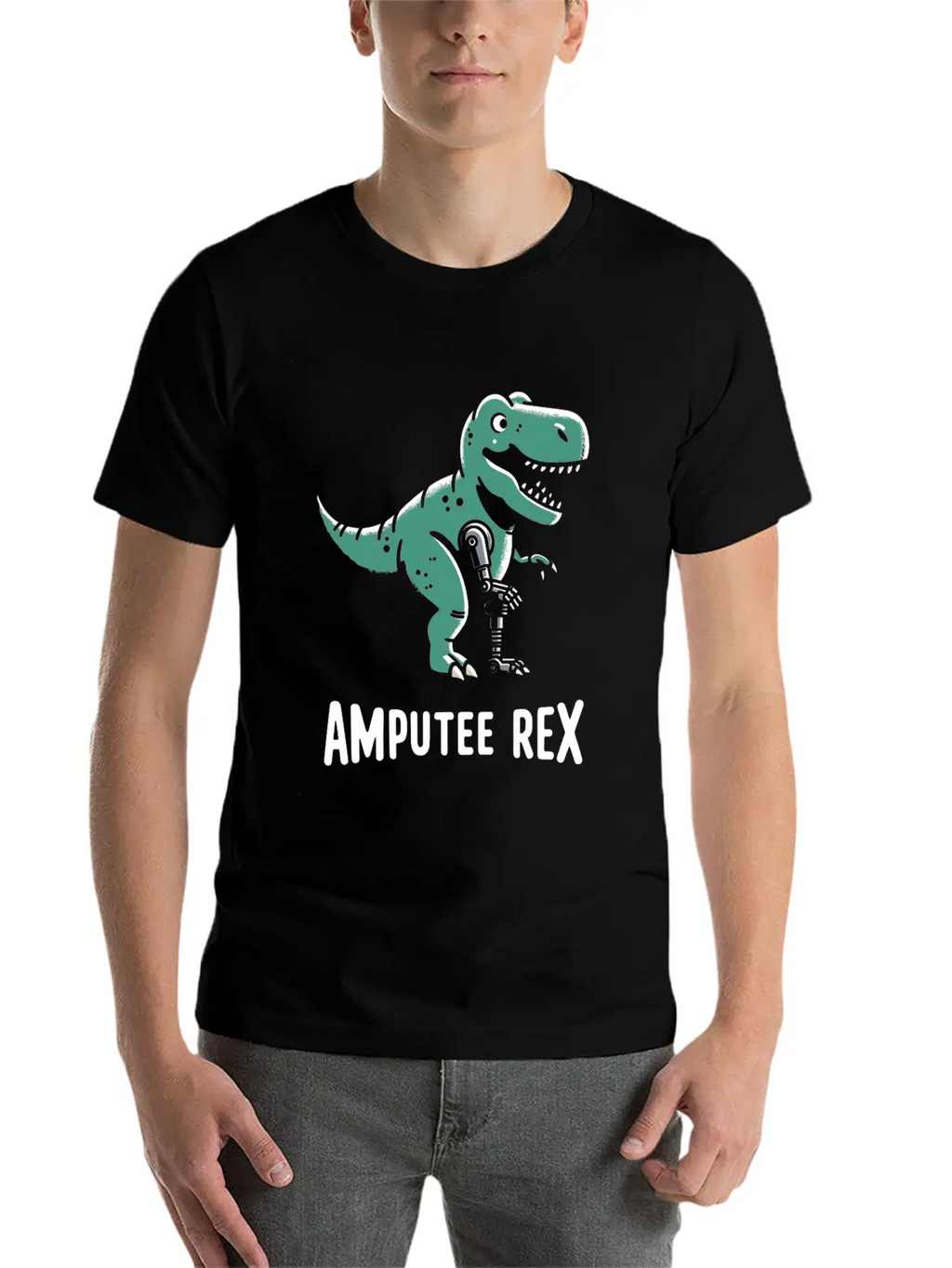 Amputee Rex Tyrannosaurus Prosthetic Leg Handicap Stylish Everyday T-Shirt – Unisex Basic Cotton Tee