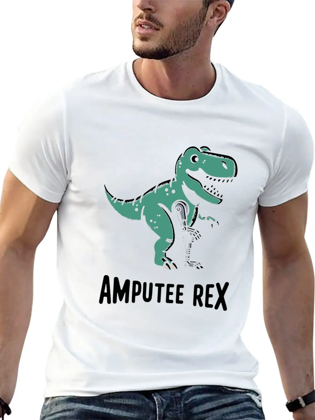 Amputee Rex Tyrannosaurus Prosthetic Leg Handicap Stylish Everyday T-Shirt – Unisex Basic Cotton Tee