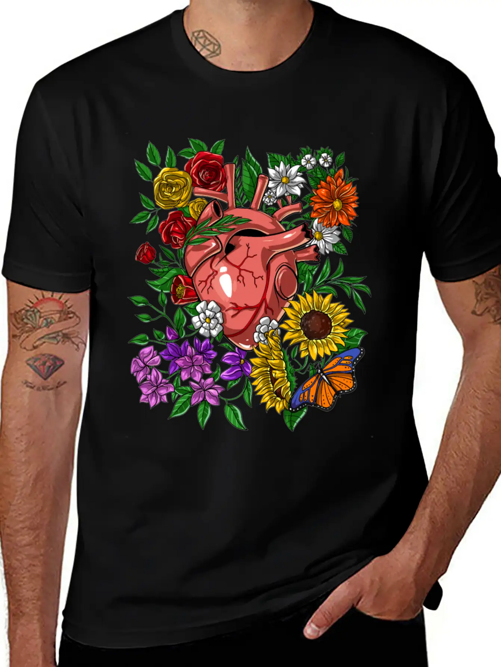 Anatomical Heart Flowers Basic Graphic T-Shirt – Daily Comfort In Soft Cotton