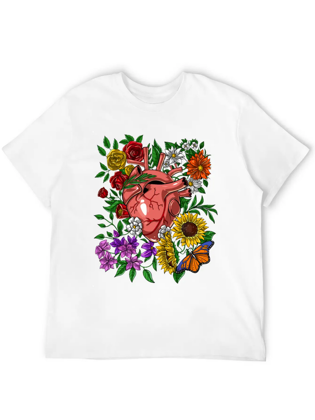 Anatomical Heart Flowers Basic Graphic T-Shirt – Daily Comfort In Soft Cotton