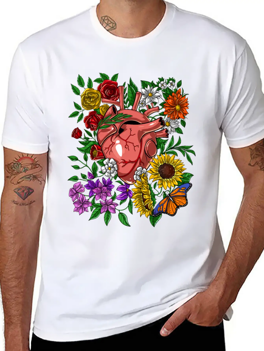 Anatomical Heart Flowers Basic Graphic T-Shirt – Daily Comfort In Soft Cotton