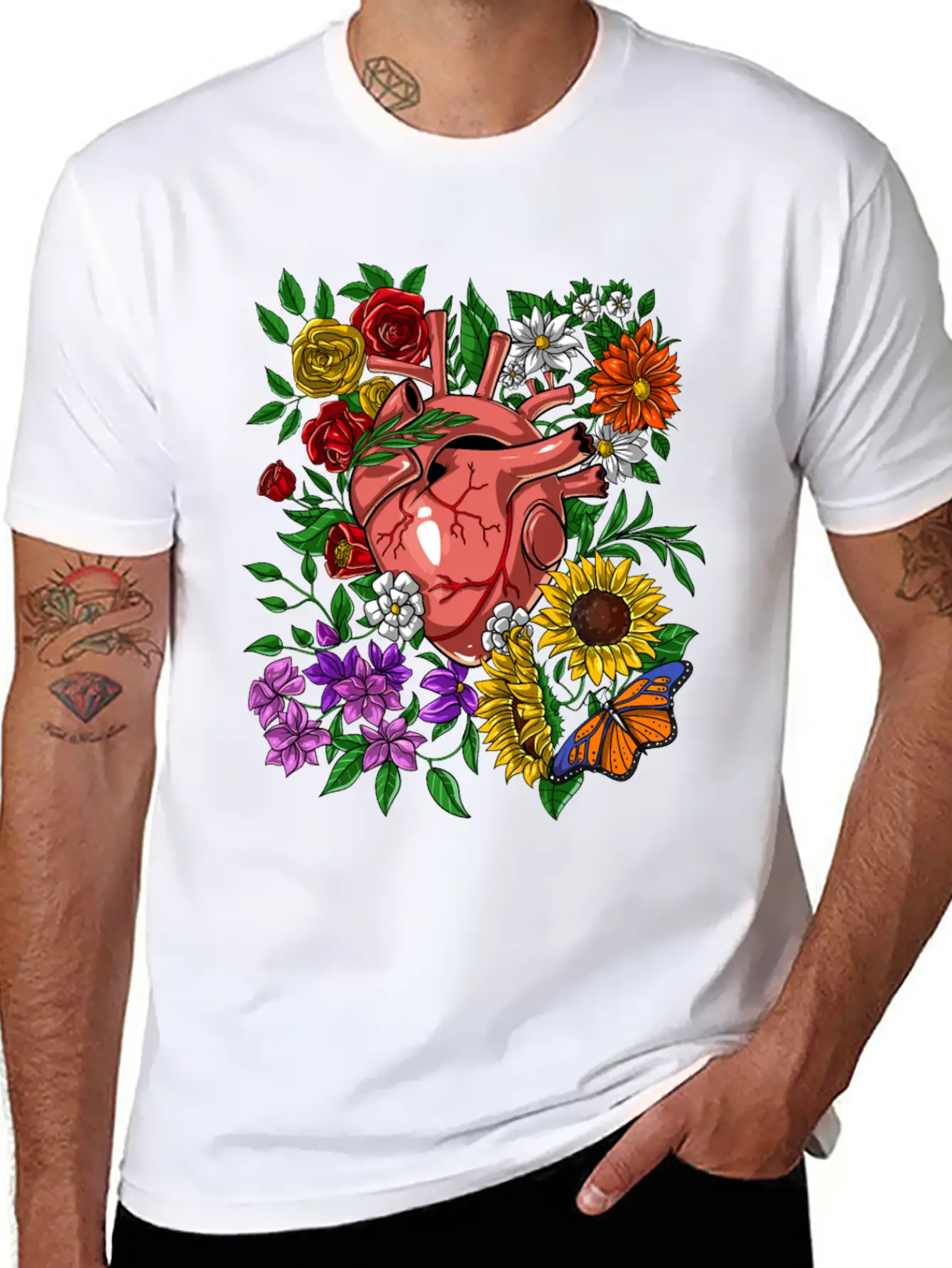 Anatomical Heart Flowers Basic Graphic T-Shirt – Daily Comfort In Soft Cotton