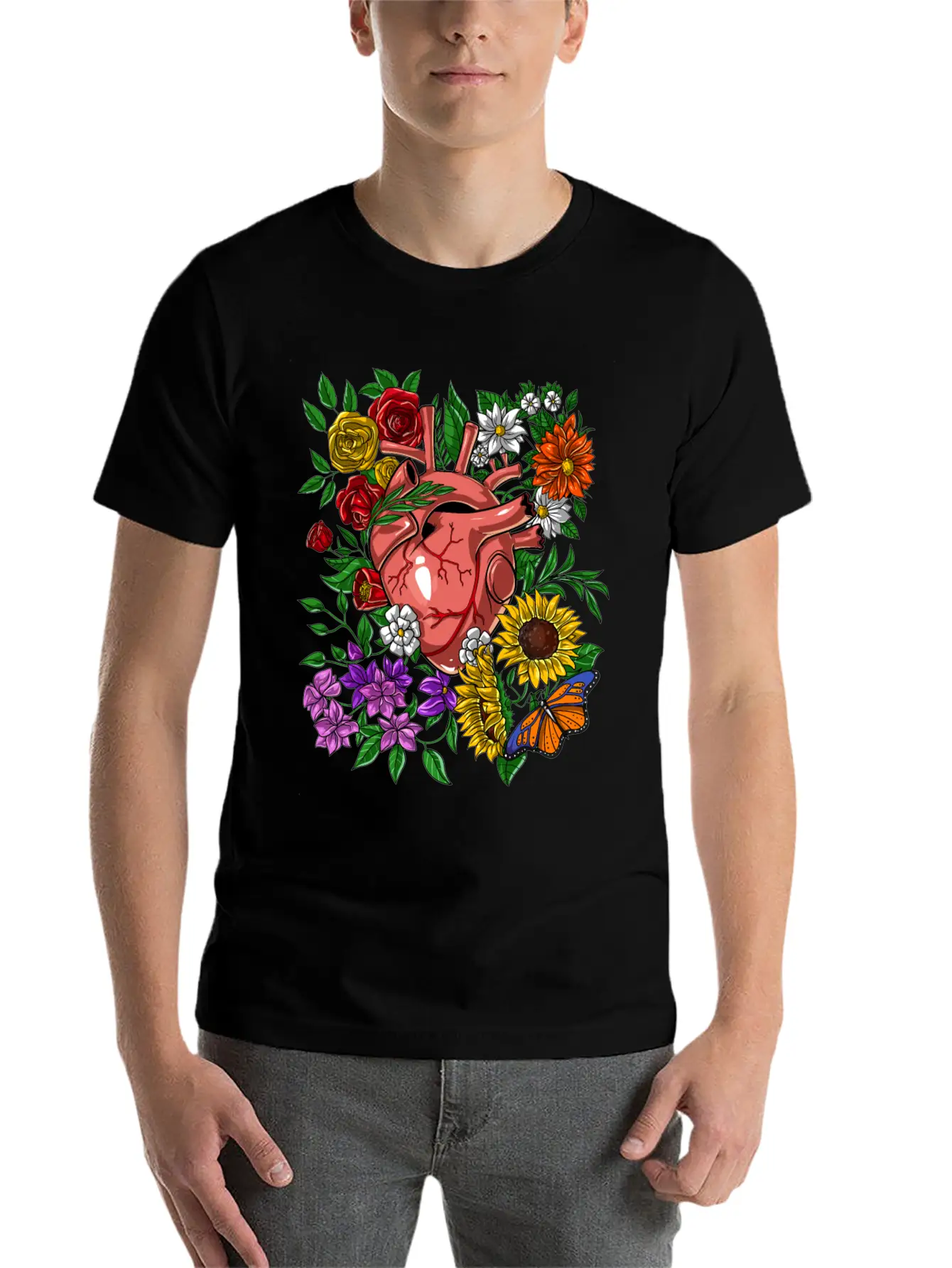 Anatomical Heart Flowers Basic Graphic T-Shirt – Daily Comfort In Soft Cotton