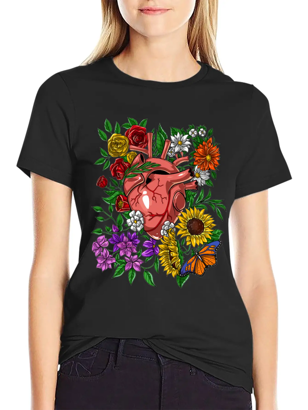 Anatomical Heart Flowers Basic Graphic T-Shirt – Daily Comfort In Soft Cotton