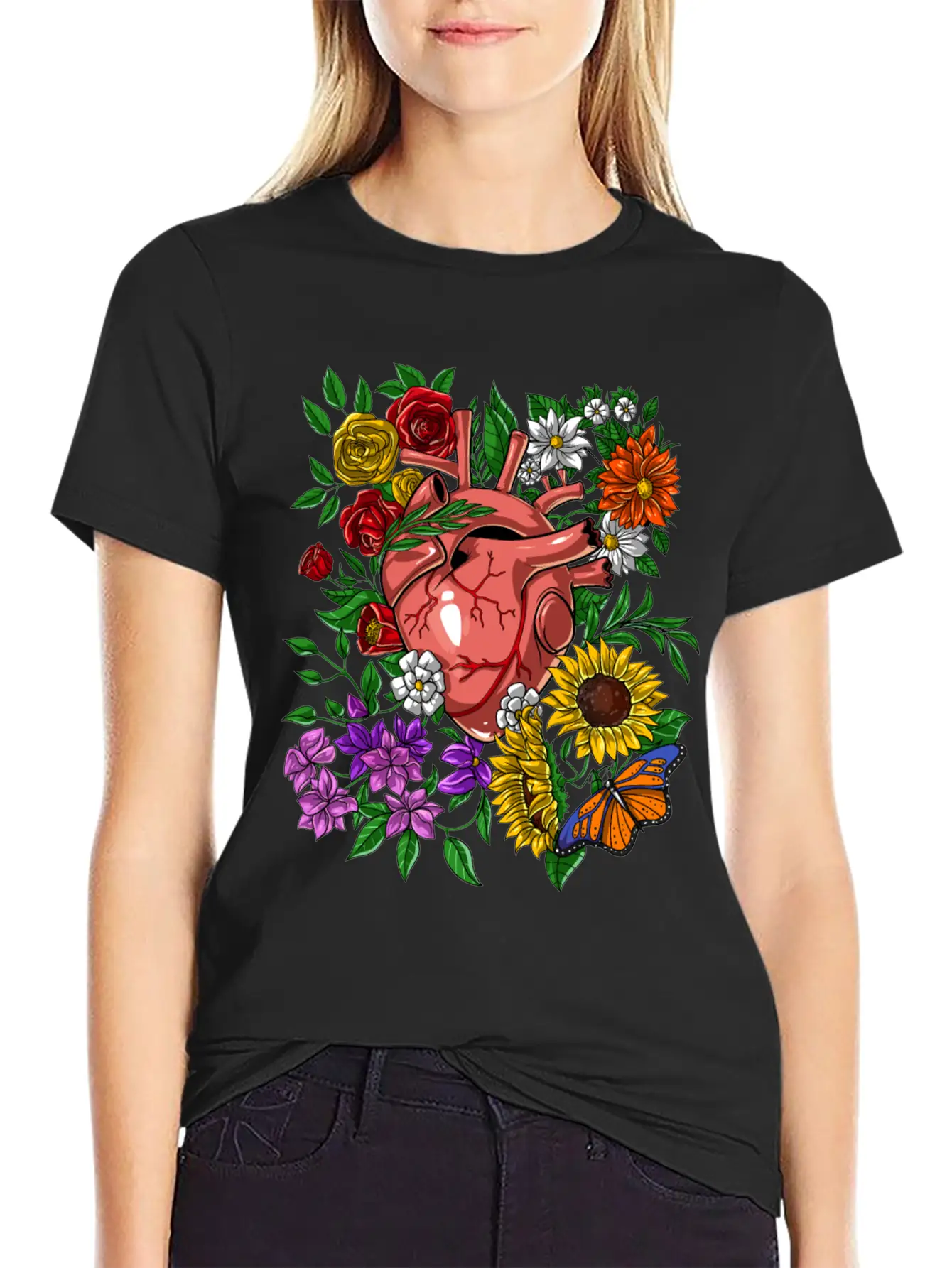 Anatomical Heart Flowers Basic Graphic T-Shirt – Daily Comfort In Soft Cotton