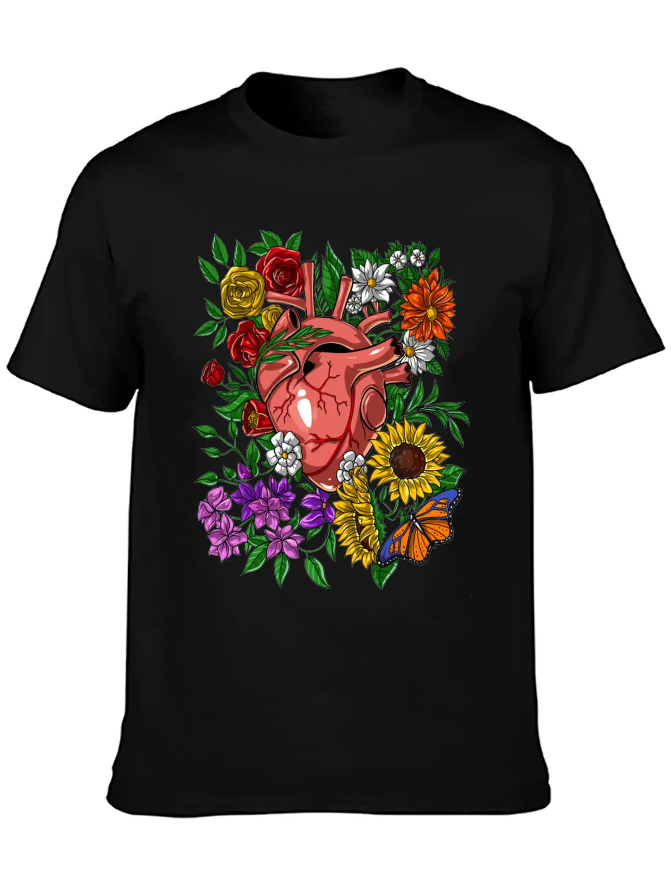 Anatomical Heart Flowers Basic Graphic T-Shirt – Daily Comfort In Soft Cotton