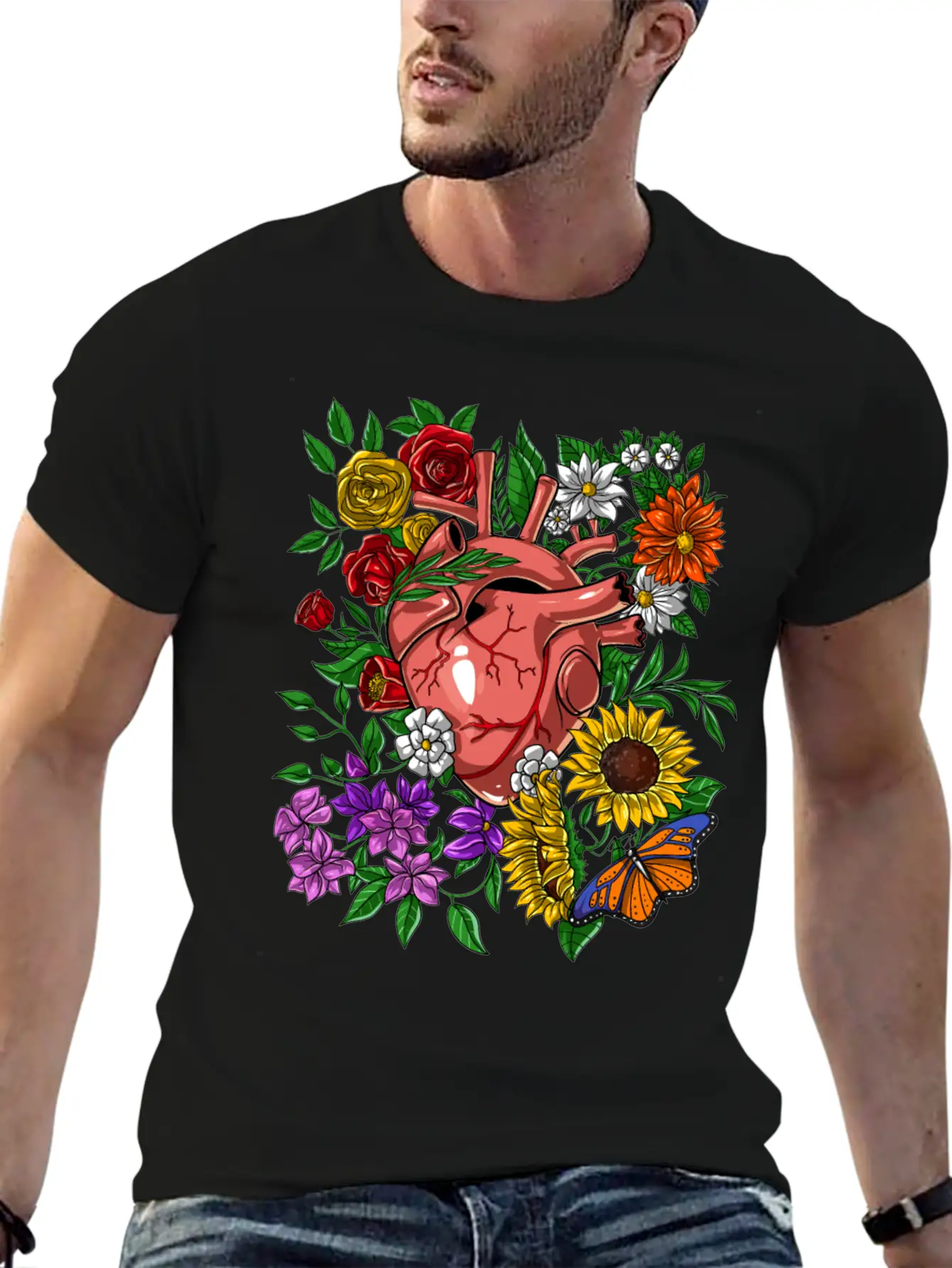 Anatomical Heart Flowers Basic Graphic T-Shirt – Daily Comfort In Soft Cotton