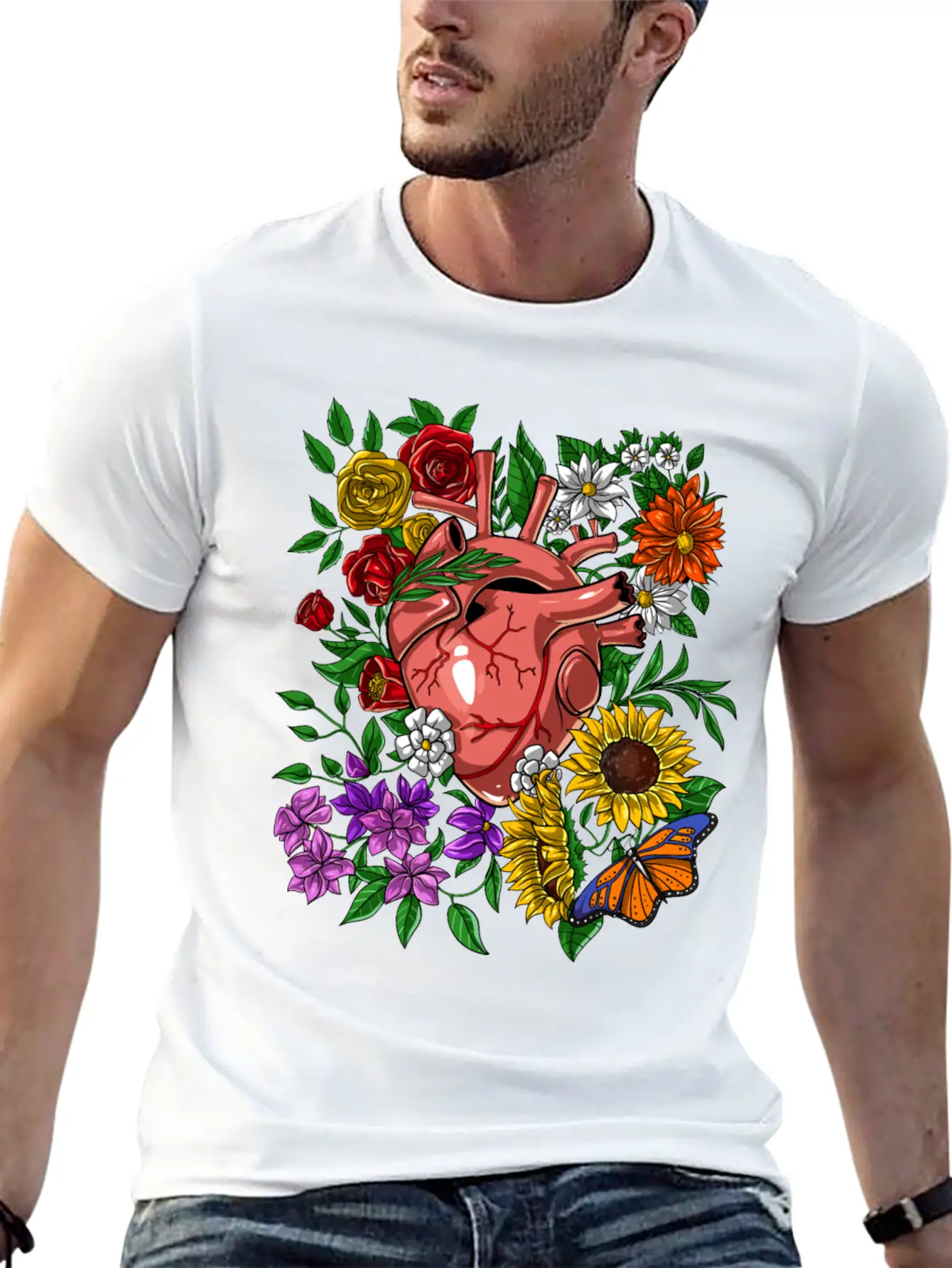 Anatomical Heart Flowers Basic Graphic T-Shirt – Daily Comfort In Soft Cotton