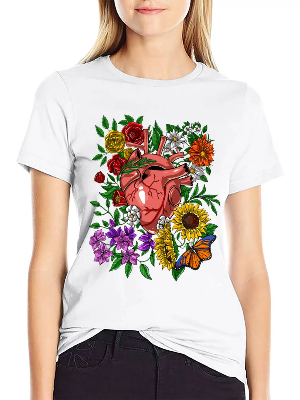 Anatomical Heart Flowers Basic Graphic T-Shirt – Daily Comfort In Soft Cotton