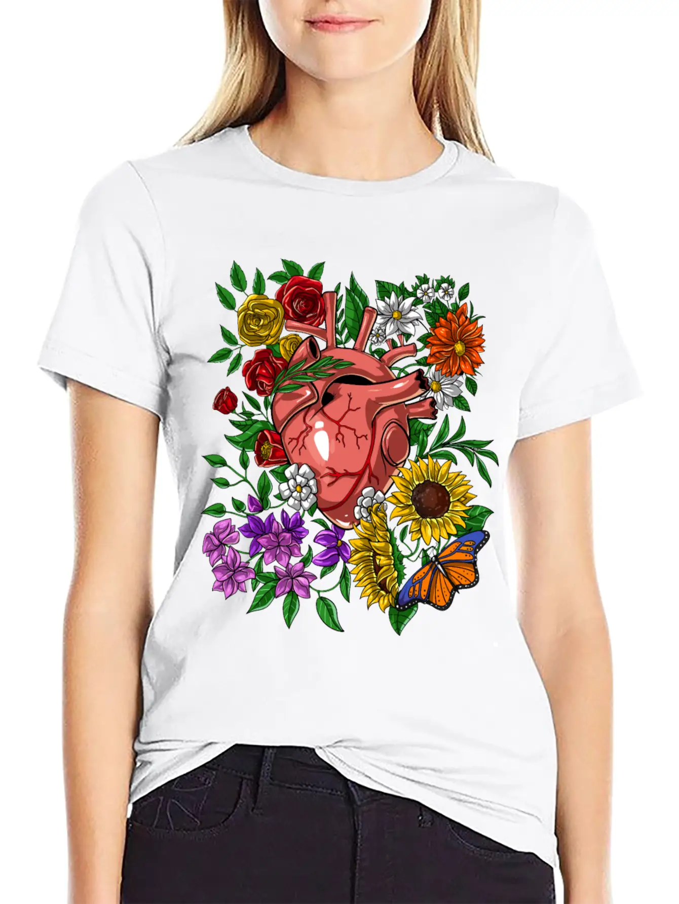 Anatomical Heart Flowers Basic Graphic T-Shirt – Daily Comfort In Soft Cotton