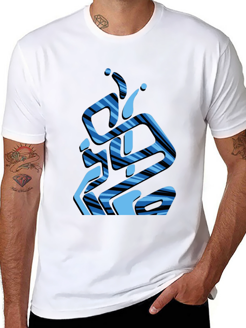 Abstract Blue Striped Graphic Black T-Shirt