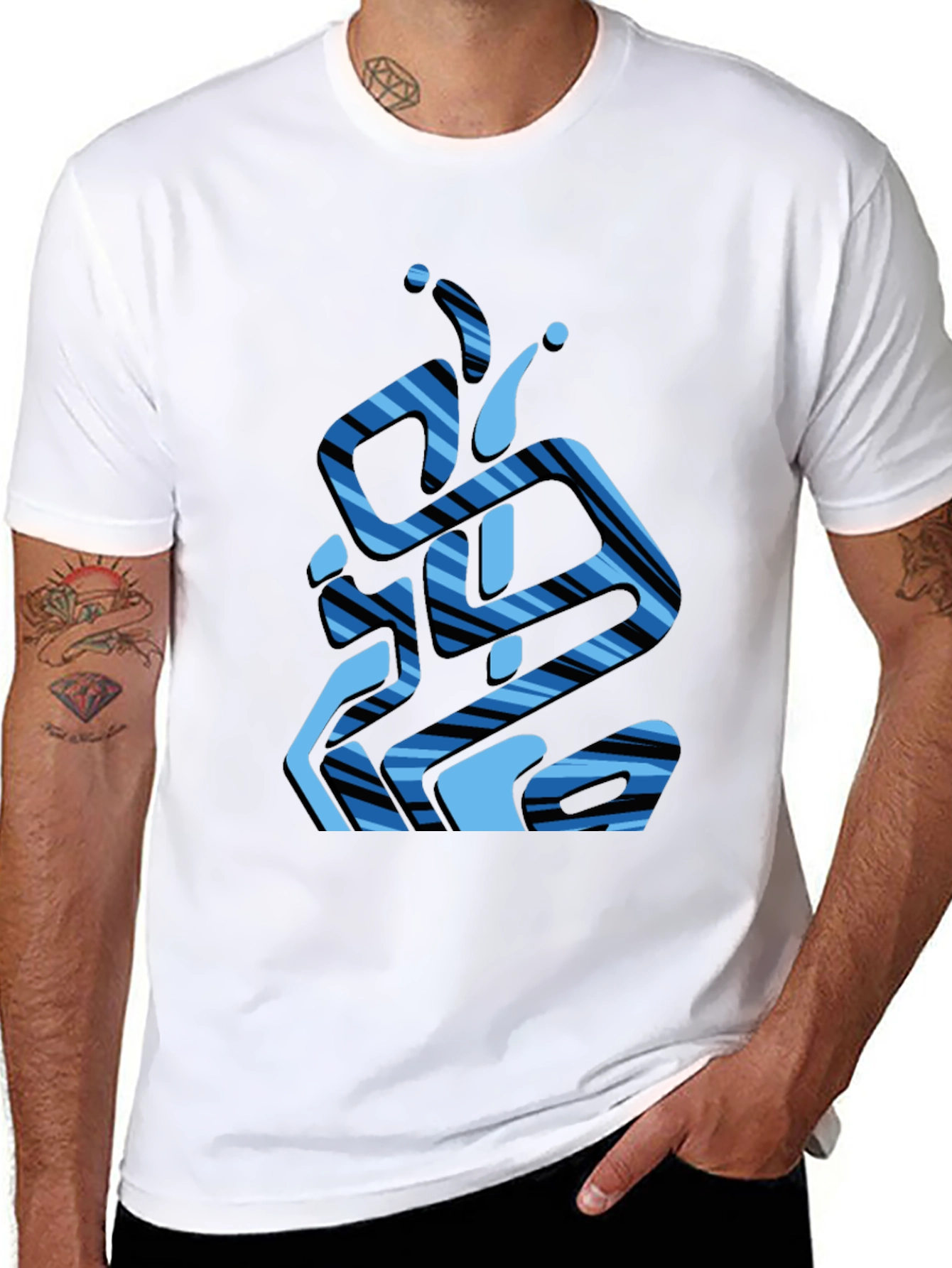 Abstract Blue Striped Graphic Black T-Shirt