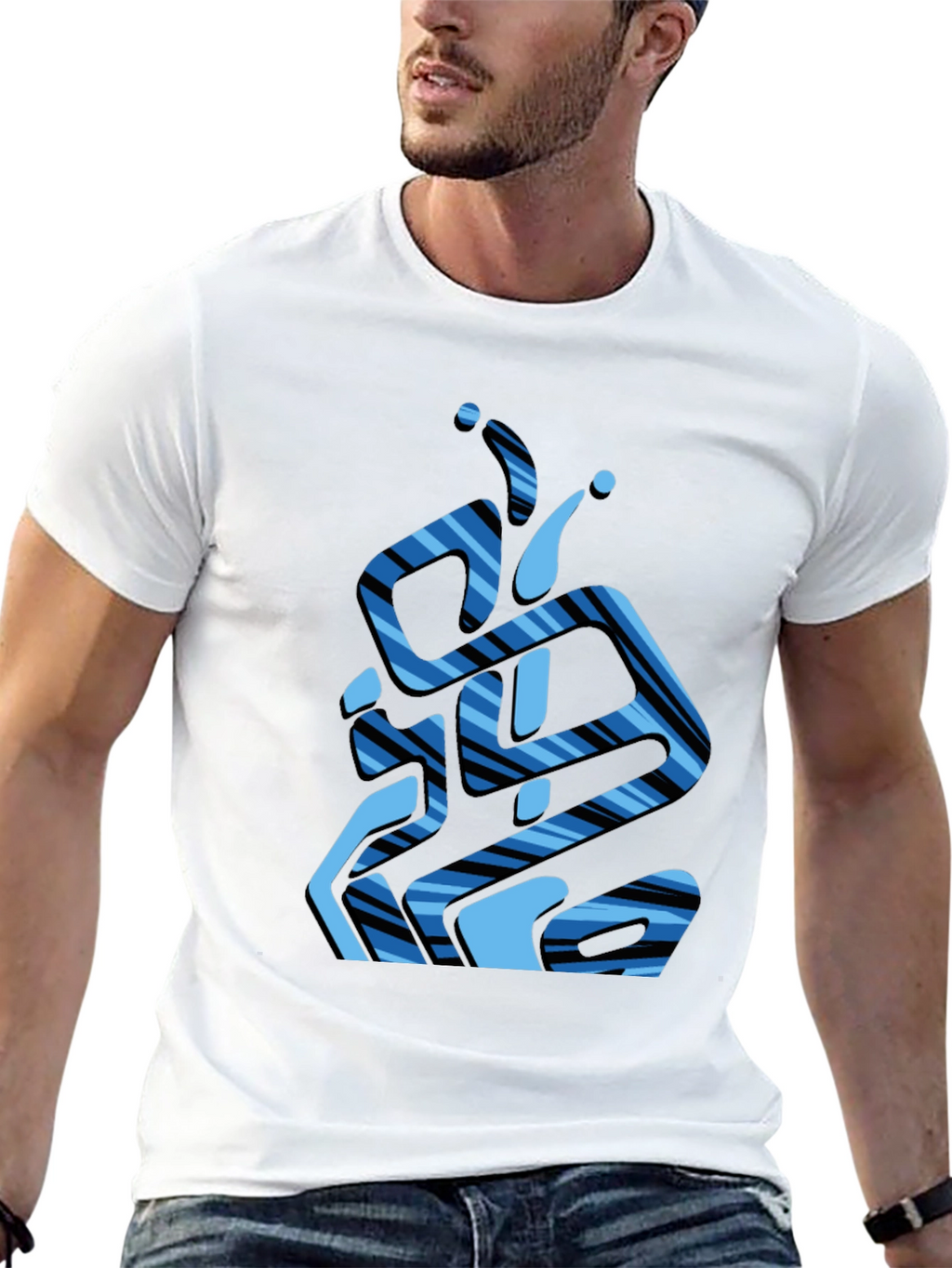 Abstract Blue Striped Graphic Black T-Shirt