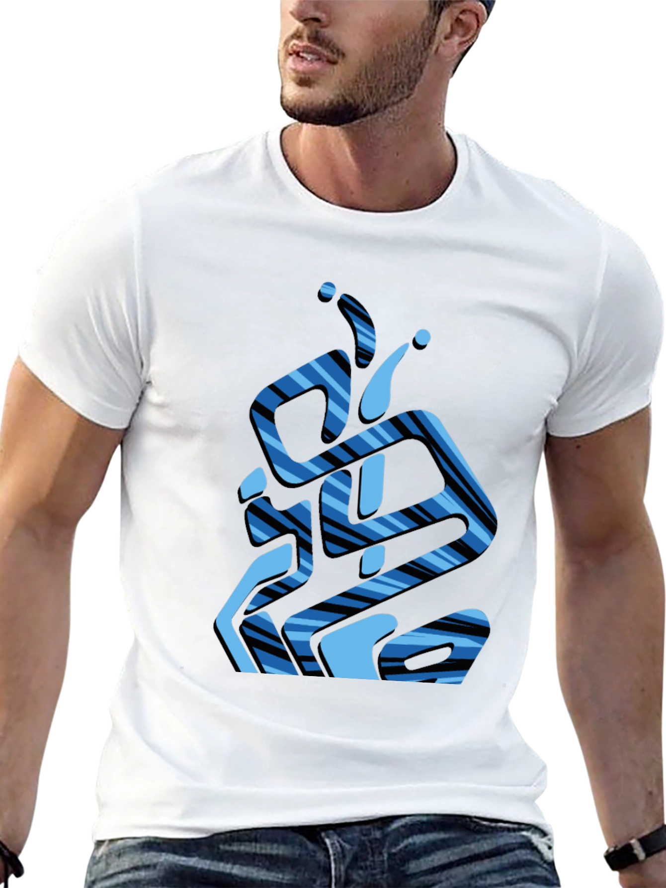 Abstract Blue Striped Graphic Black T-Shirt