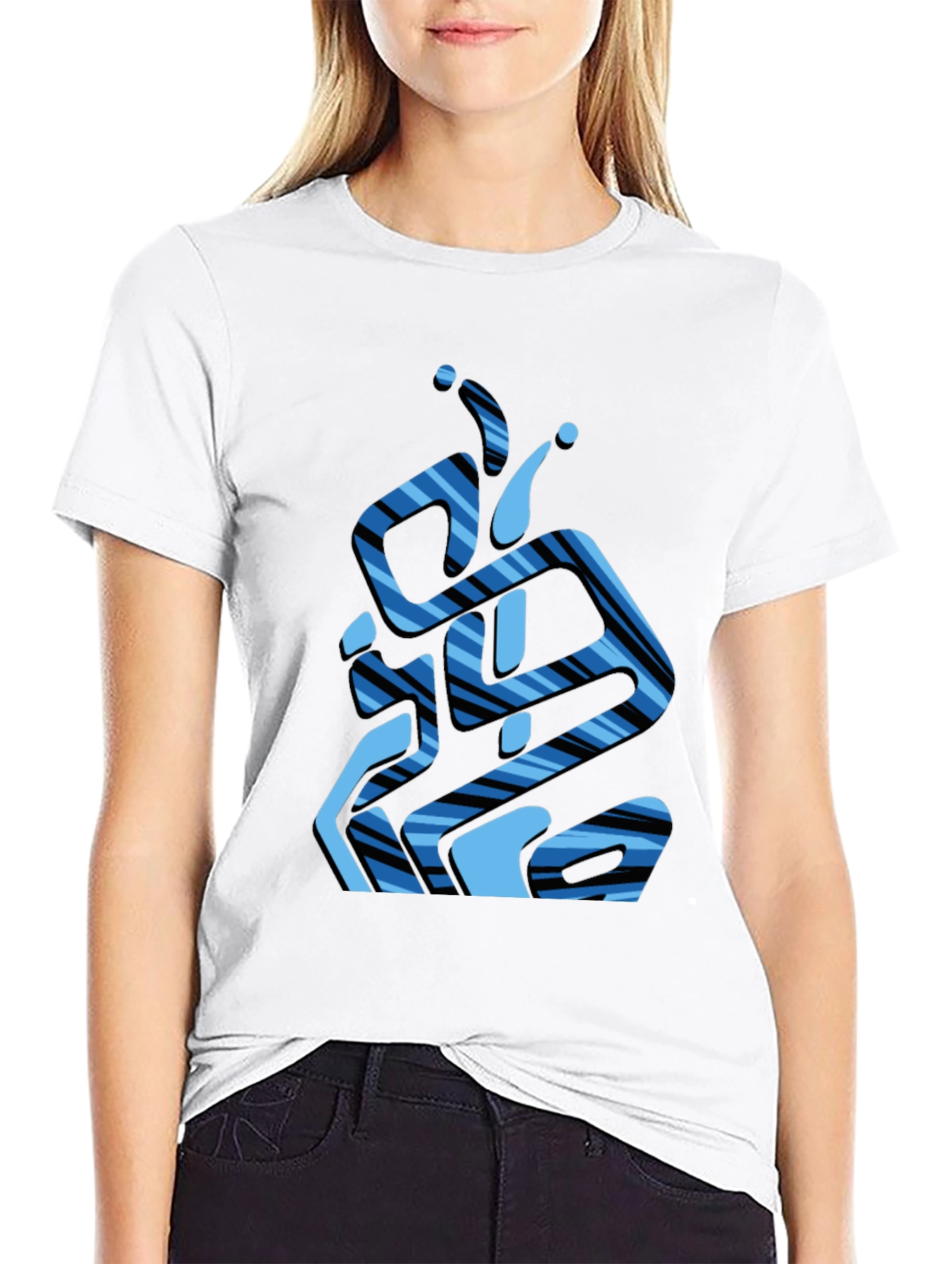 Abstract Blue Striped Graphic Black T-Shirt