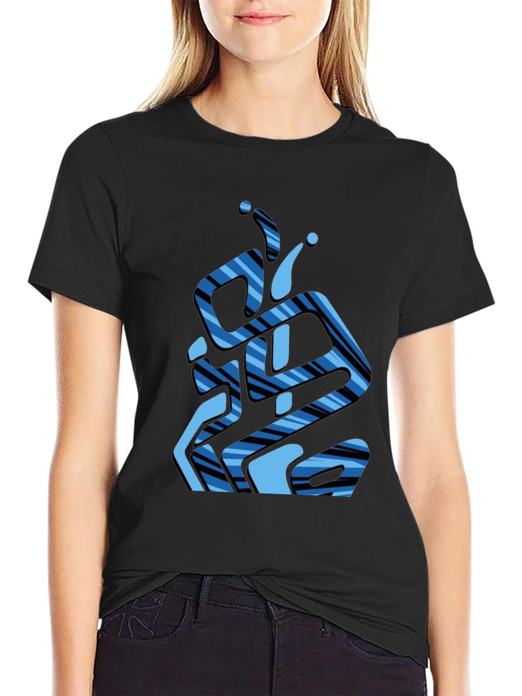 Abstract Blue Striped Graphic Black T-Shirt