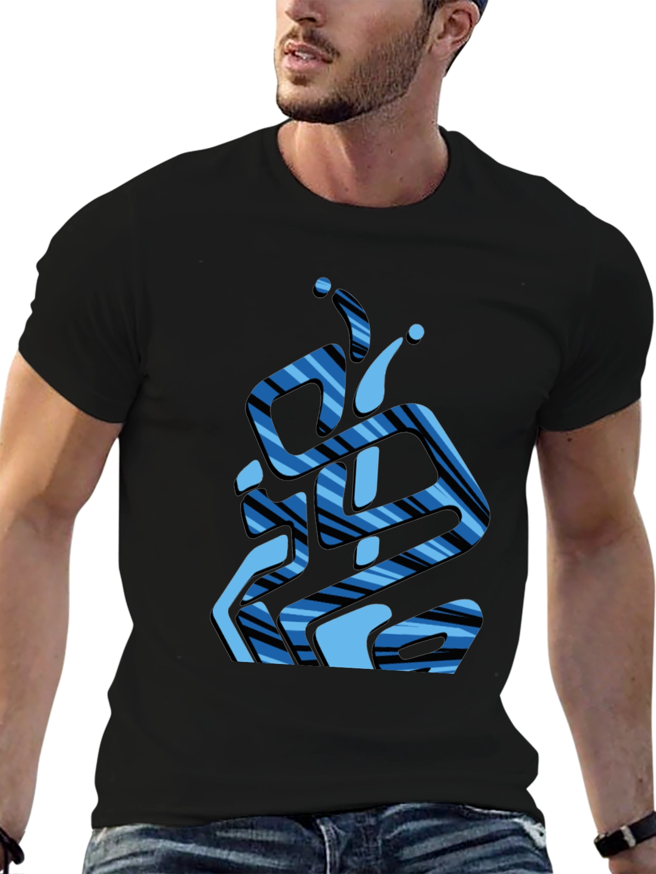 Abstract Blue Striped Graphic Black T-Shirt