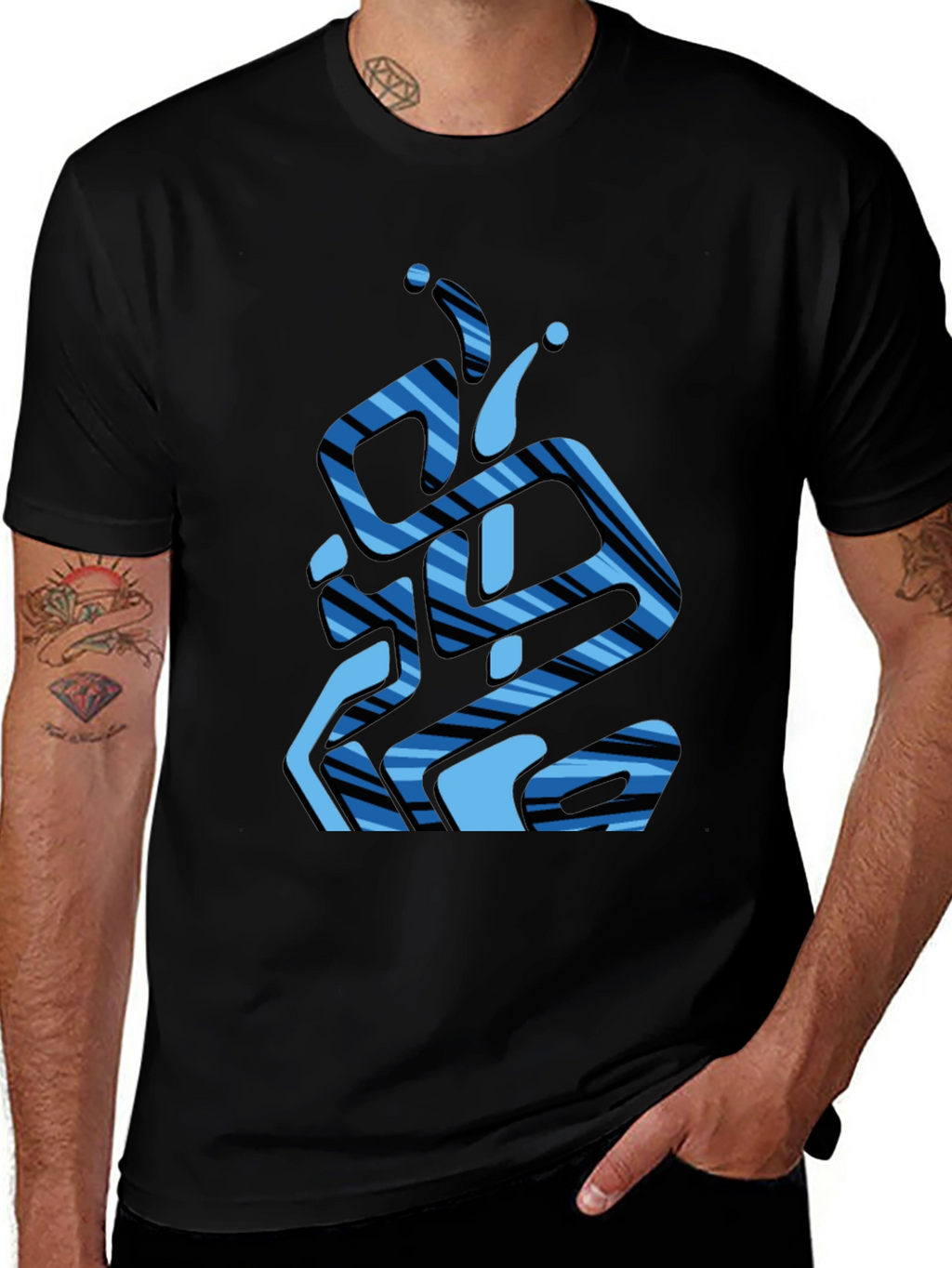 Abstract Blue Striped Graphic Black T-Shirt