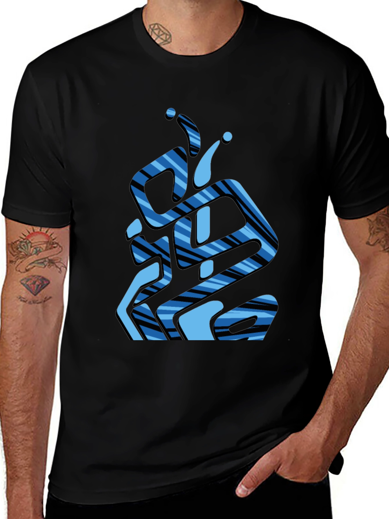 Abstract Blue Striped Graphic Black T-Shirt
