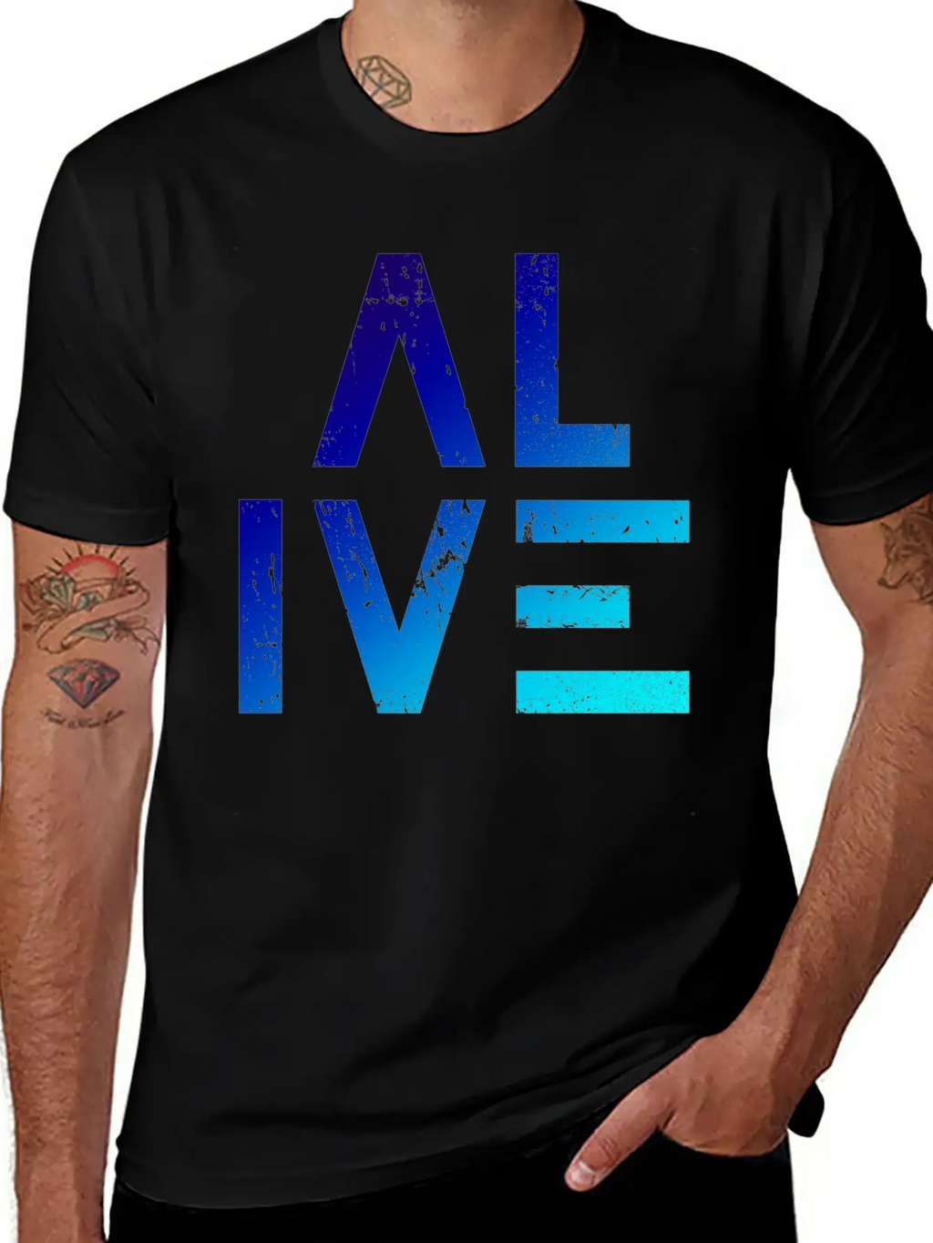 (I Am) ALIVE — Grunge Typography W/ Blue Gradient Classic Crew Neck Graphic Tee – Everyday Minimal Look