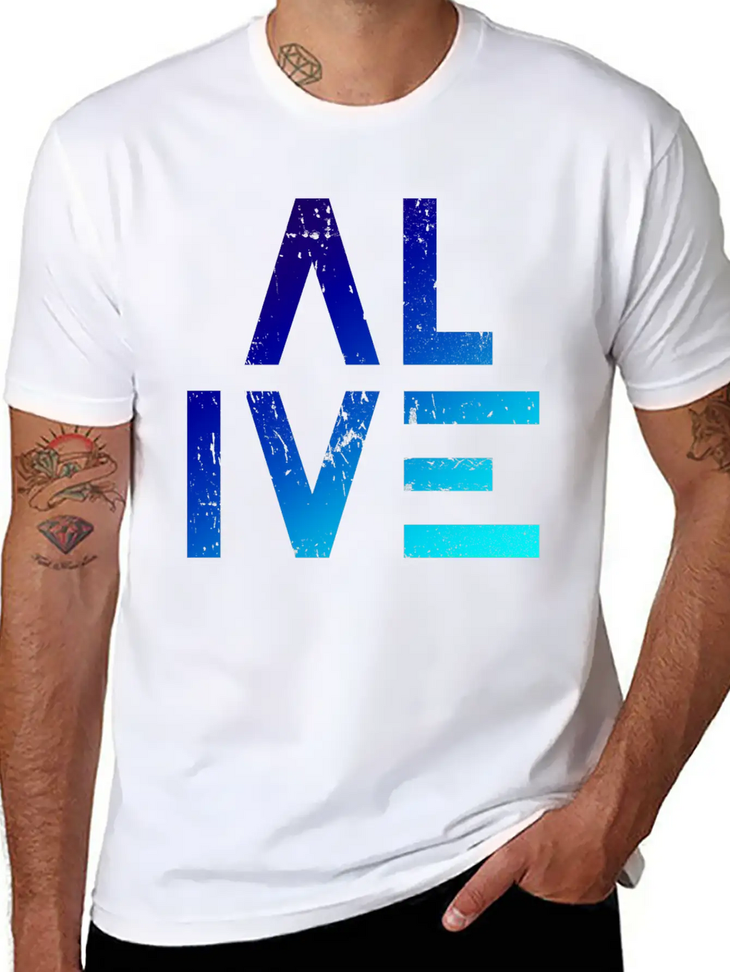 (I Am) ALIVE — Grunge Typography W/ Blue Gradient Classic Crew Neck Graphic Tee – Everyday Minimal Look