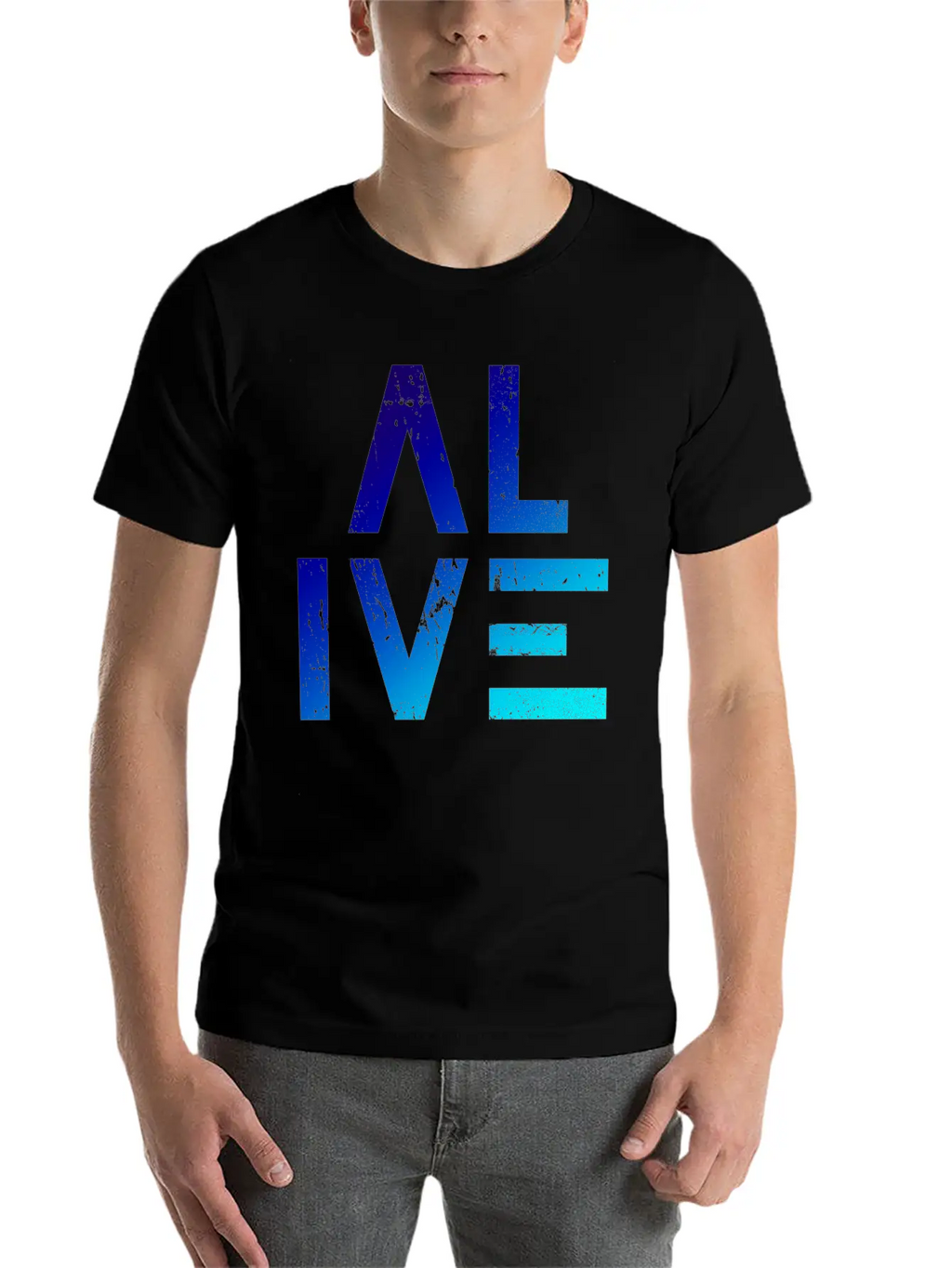 (I Am) ALIVE — Grunge Typography W/ Blue Gradient Classic Crew Neck Graphic Tee – Everyday Minimal Look