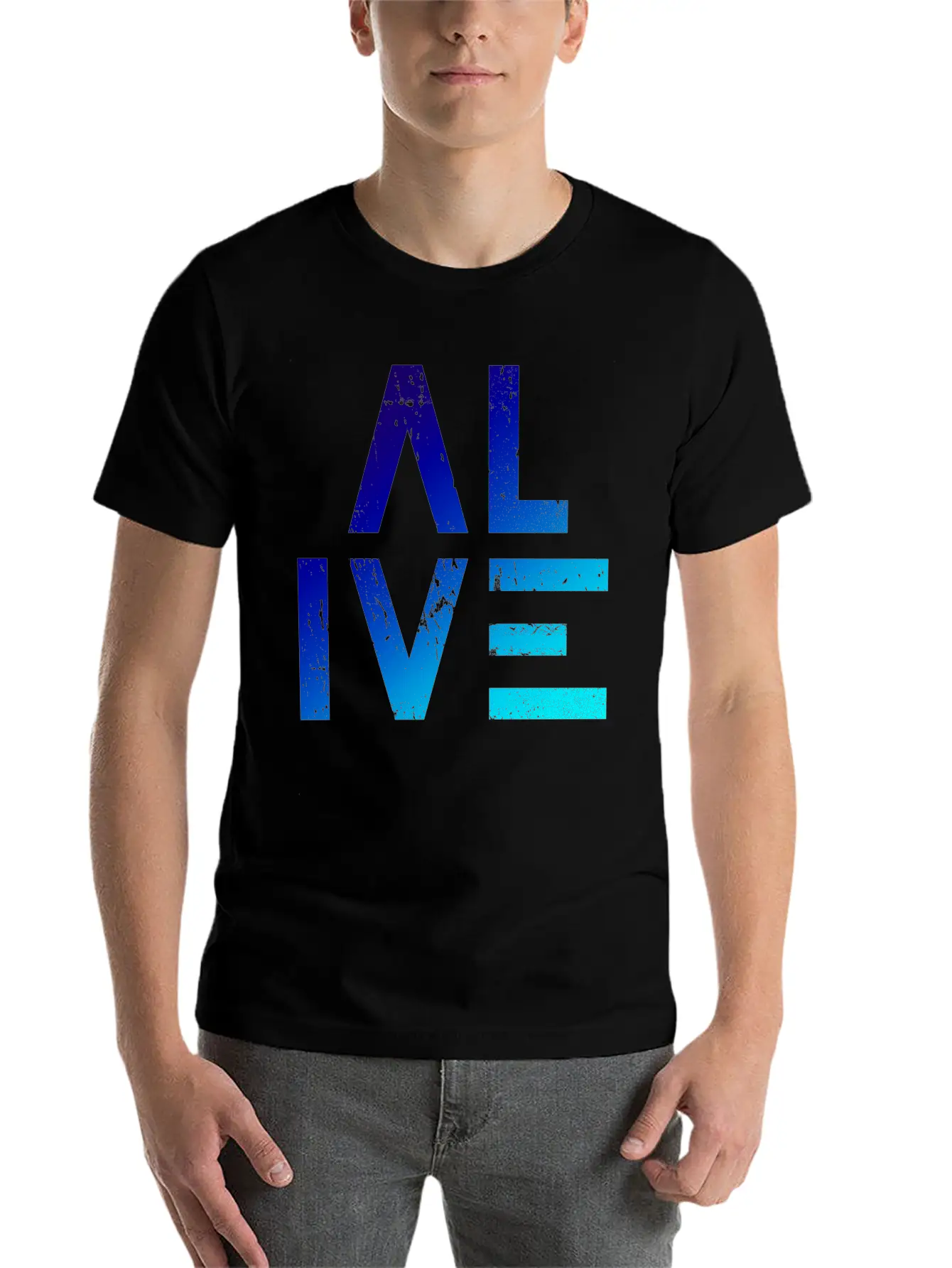 (I Am) ALIVE — Grunge Typography W/ Blue Gradient Classic Crew Neck Graphic Tee – Everyday Minimal Look
