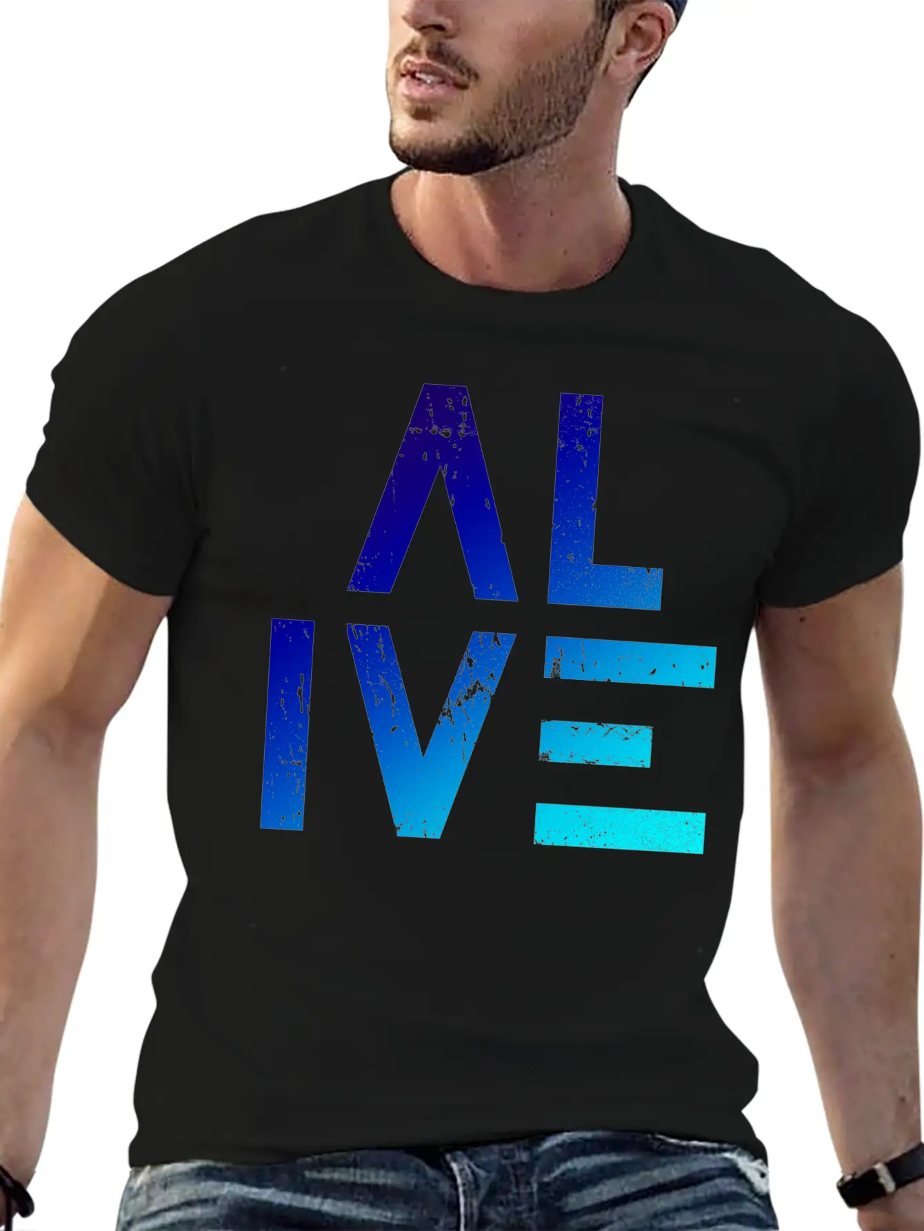 (I Am) ALIVE — Grunge Typography W/ Blue Gradient Classic Crew Neck Graphic Tee – Everyday Minimal Look