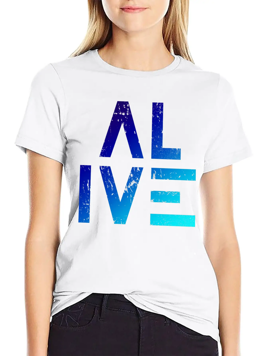 (I Am) ALIVE — Grunge Typography W/ Blue Gradient Classic Crew Neck Graphic Tee – Everyday Minimal Look