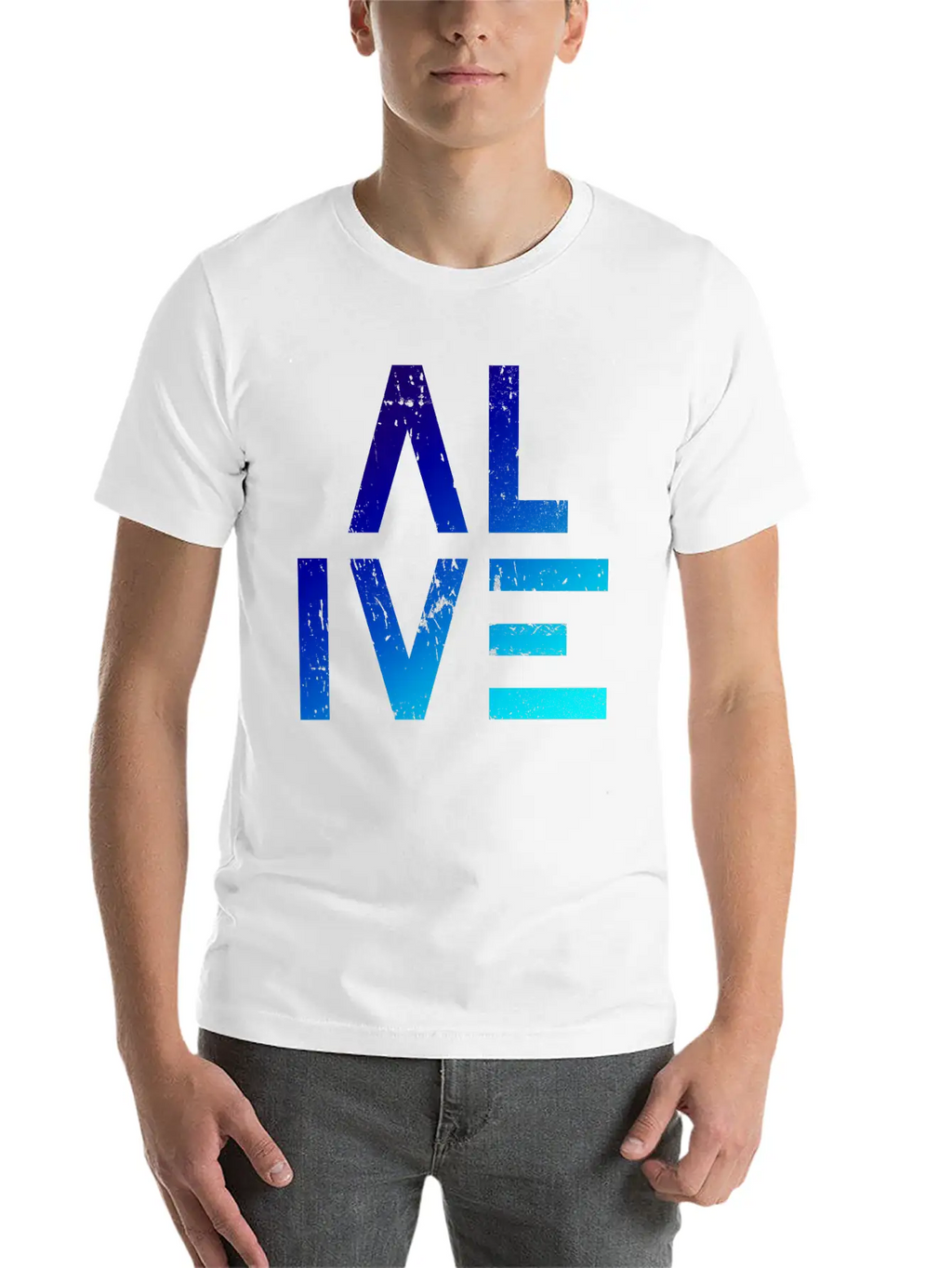 (I Am) ALIVE — Grunge Typography W/ Blue Gradient Classic Crew Neck Graphic Tee – Everyday Minimal Look