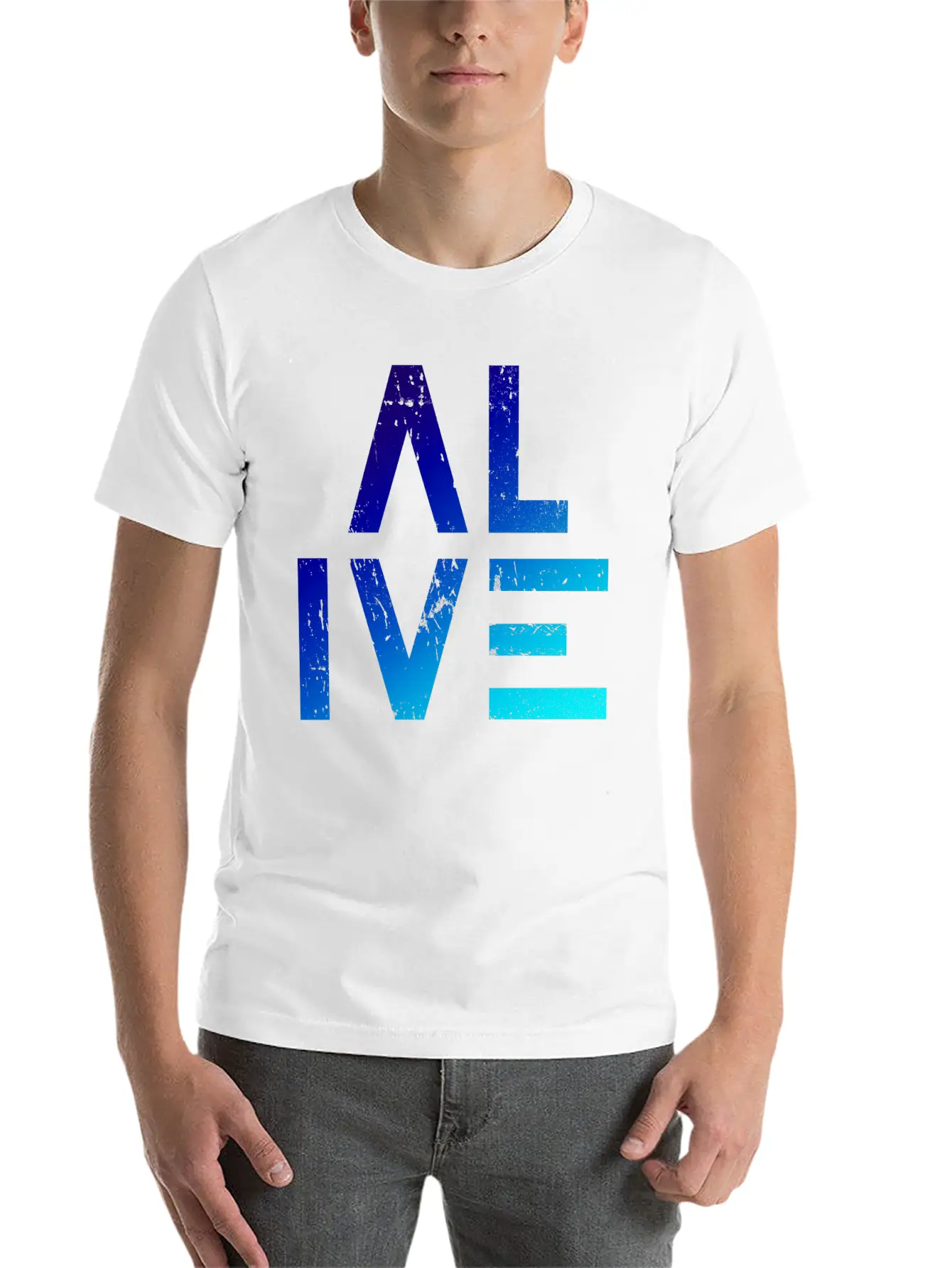 (I Am) ALIVE — Grunge Typography W/ Blue Gradient Classic Crew Neck Graphic Tee – Everyday Minimal Look