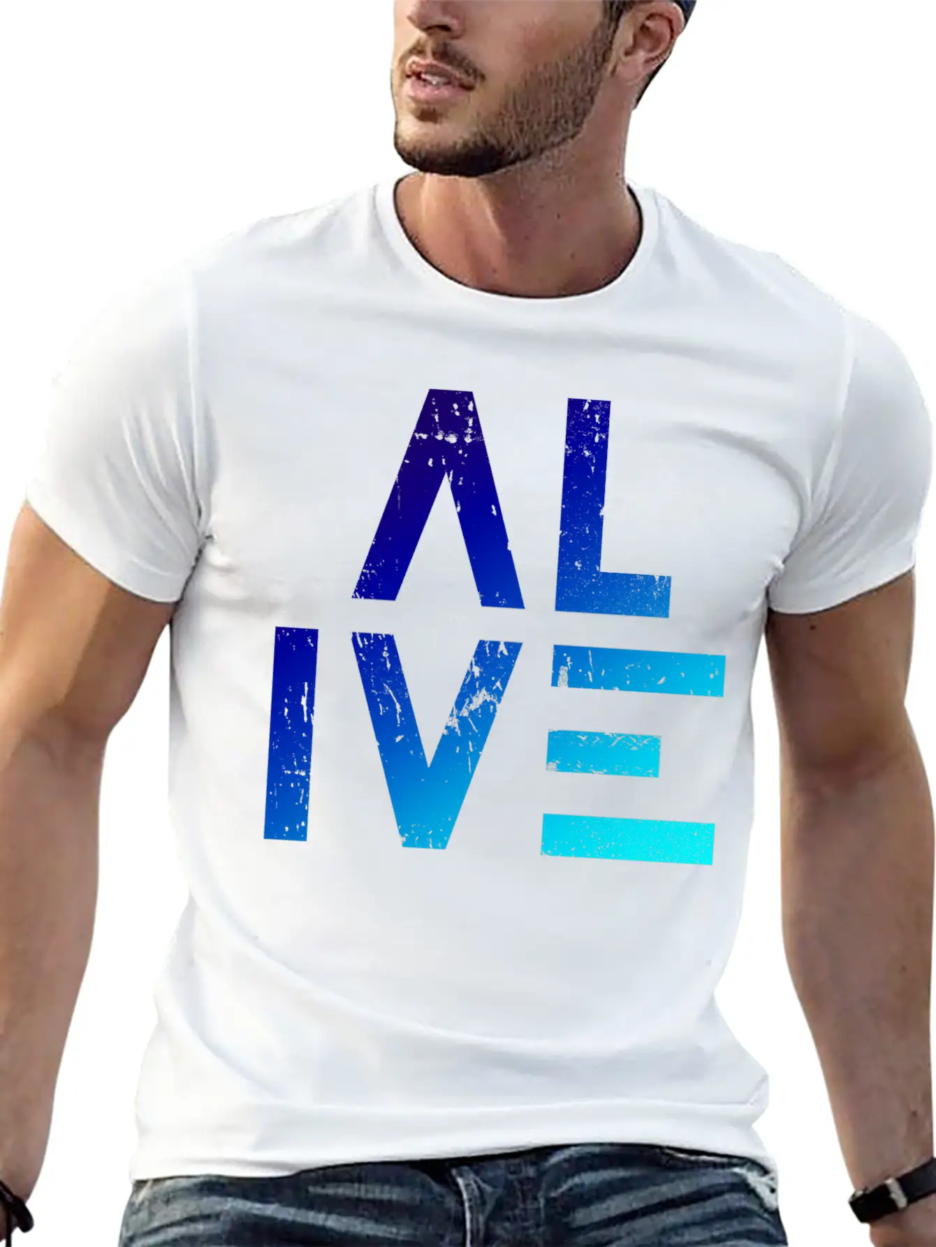 (I Am) ALIVE — Grunge Typography W/ Blue Gradient Classic Crew Neck Graphic Tee – Everyday Minimal Look