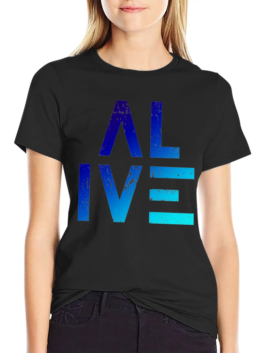 (I Am) ALIVE — Grunge Typography W/ Blue Gradient Classic Crew Neck Graphic Tee – Everyday Minimal Look