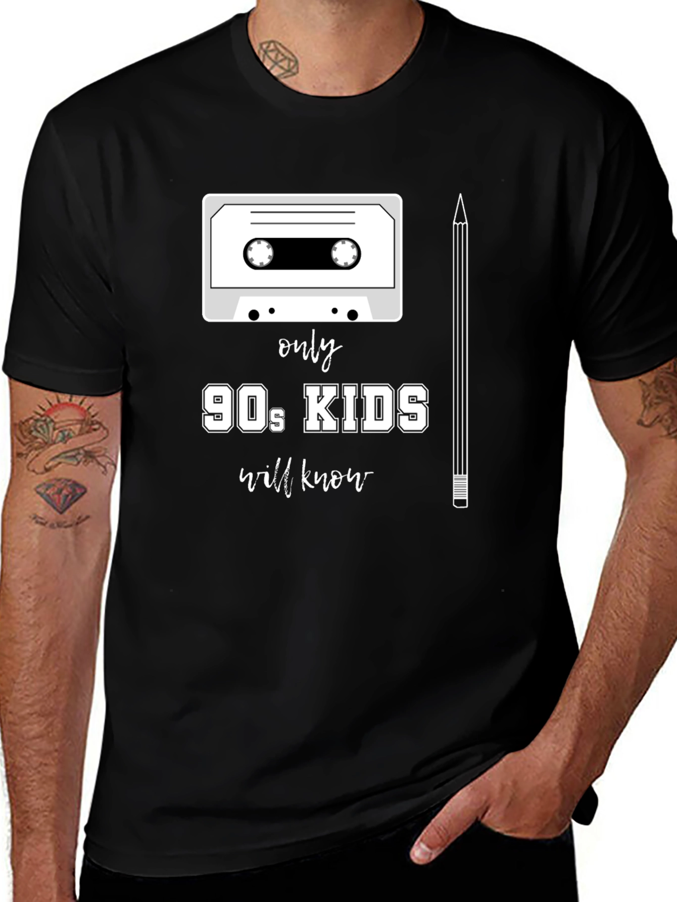 90s Kids T-Shirt - Cassette Tape & Pencil Design