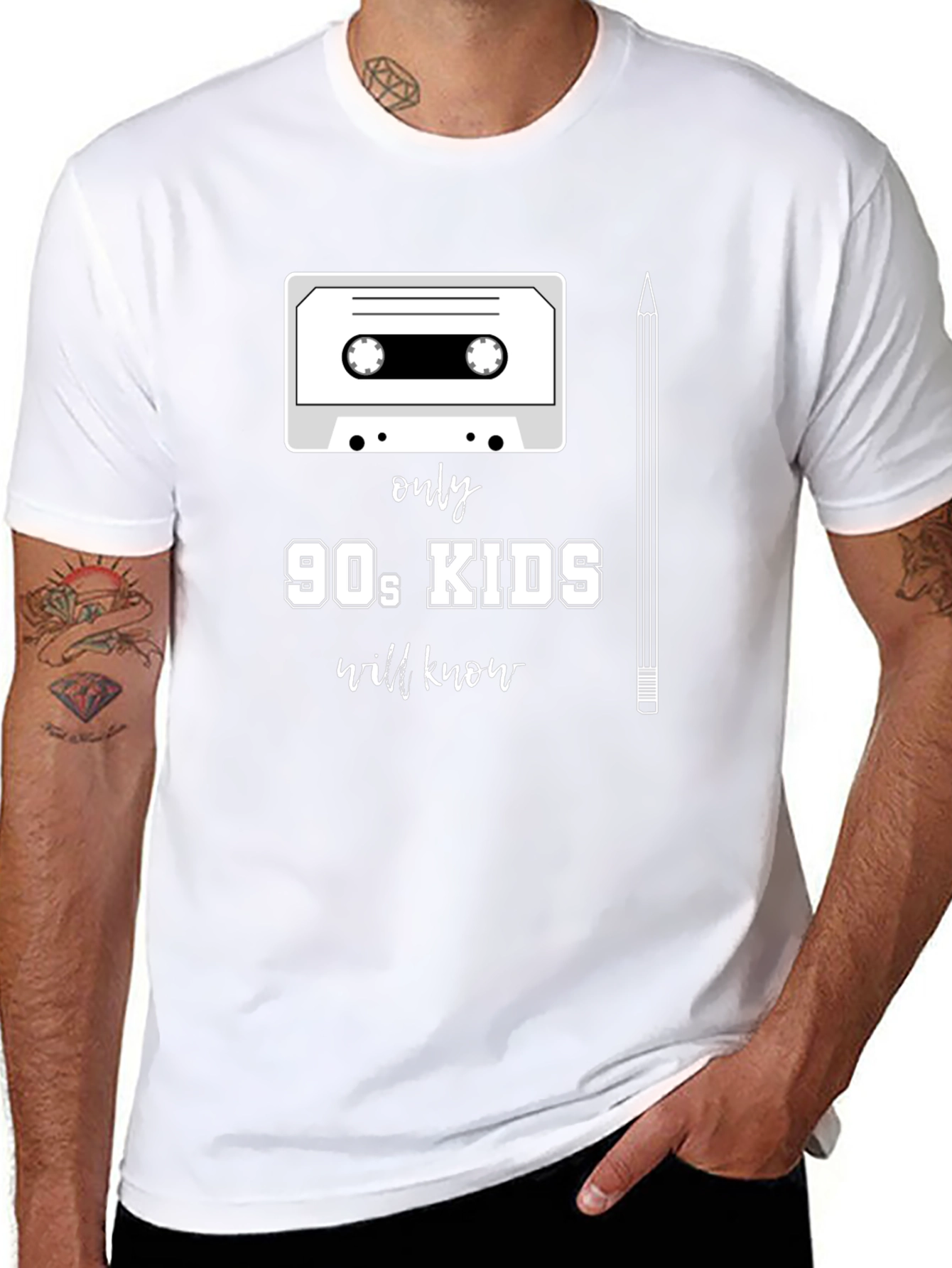 90s Kids T-Shirt - Cassette Tape & Pencil Design