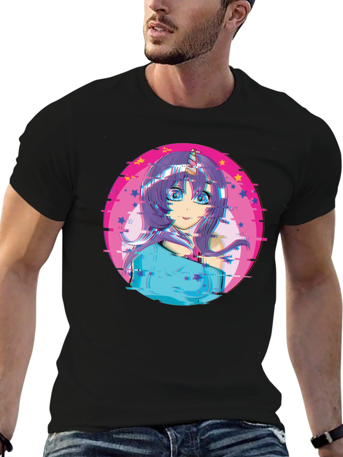 Anime Girl Unicorn Glitch T-Shirt - Black