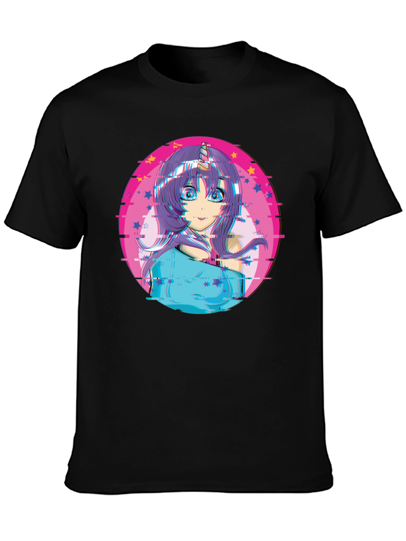Anime Girl Unicorn Glitch T-Shirt - Black