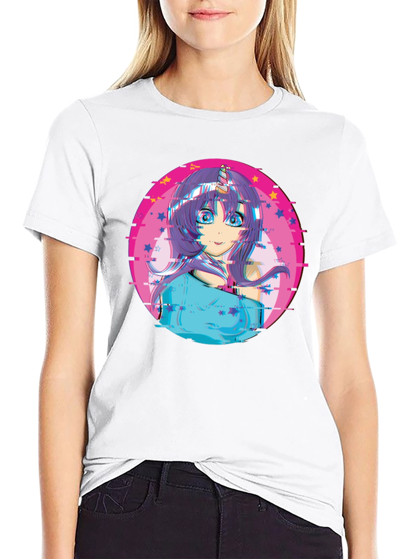 Anime Girl Unicorn Glitch T-Shirt - Black