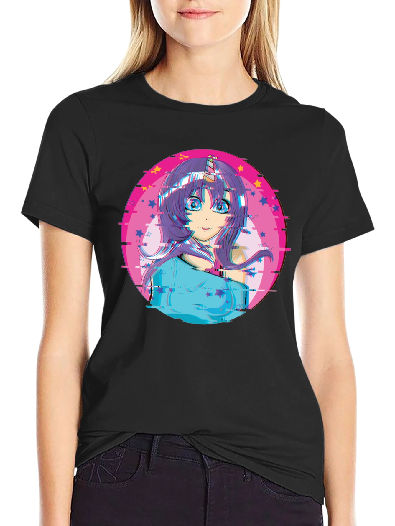 Anime Girl Unicorn Glitch T-Shirt - Black