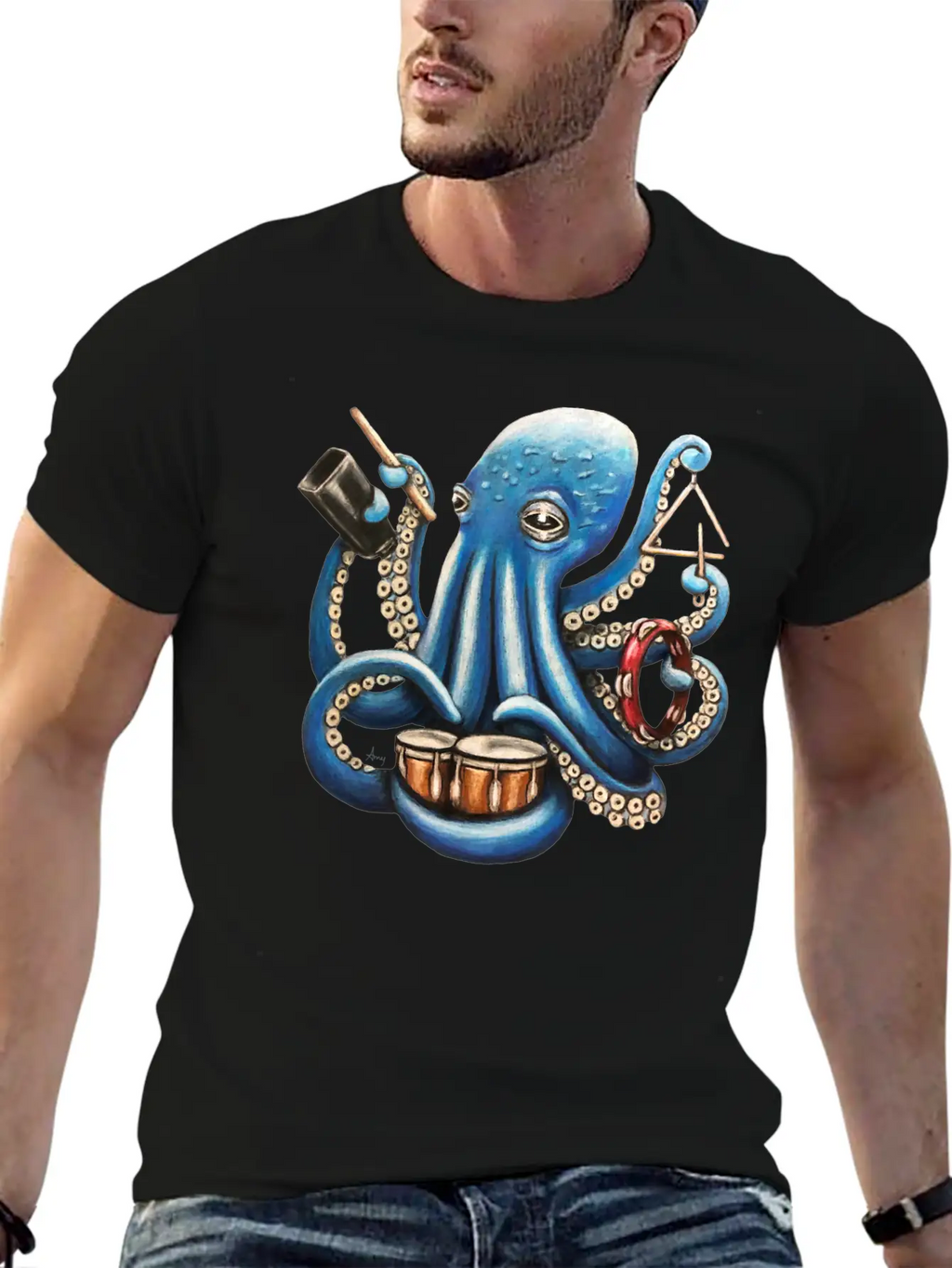 "Octo Rhythm" - Octopus Percussion Breathable Soft Cotton T-Shirt – Timeless Casual Look