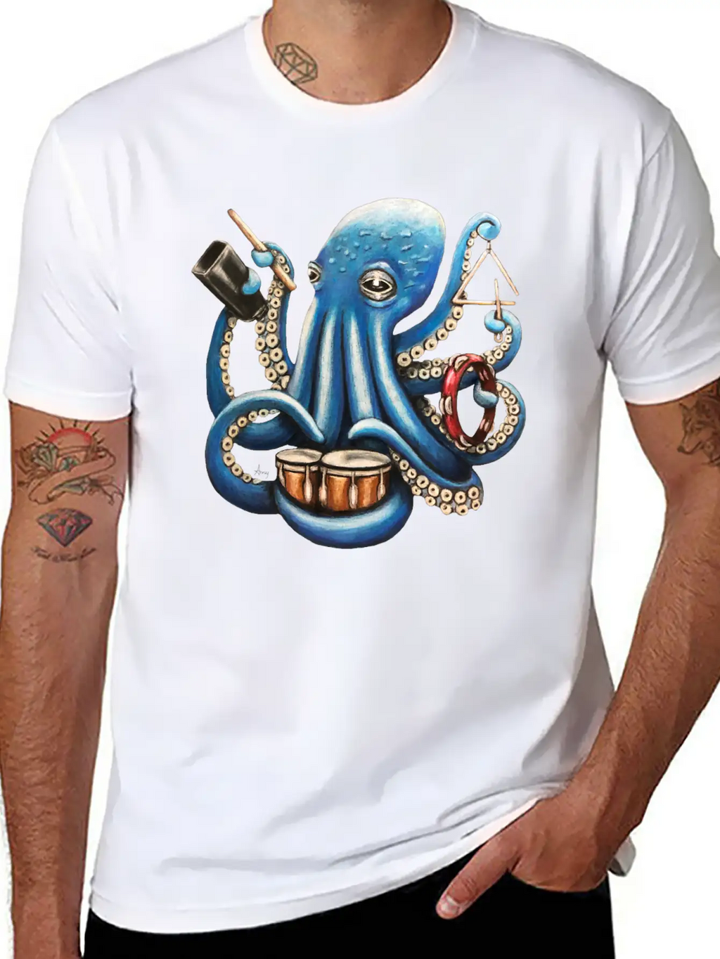 "Octo Rhythm" - Octopus Percussion Breathable Soft Cotton T-Shirt – Timeless Casual Look