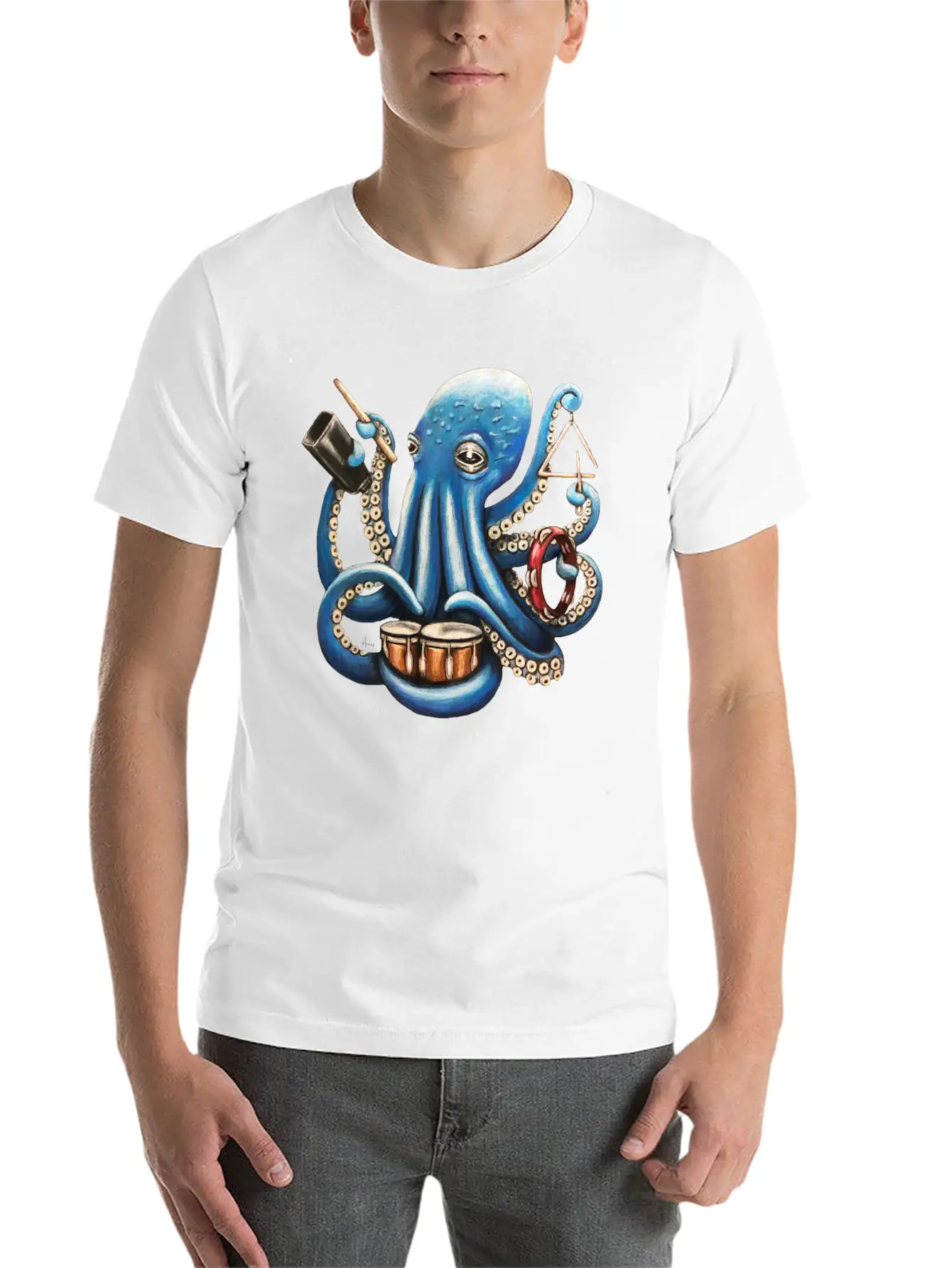 "Octo Rhythm" - Octopus Percussion Breathable Soft Cotton T-Shirt – Timeless Casual Look