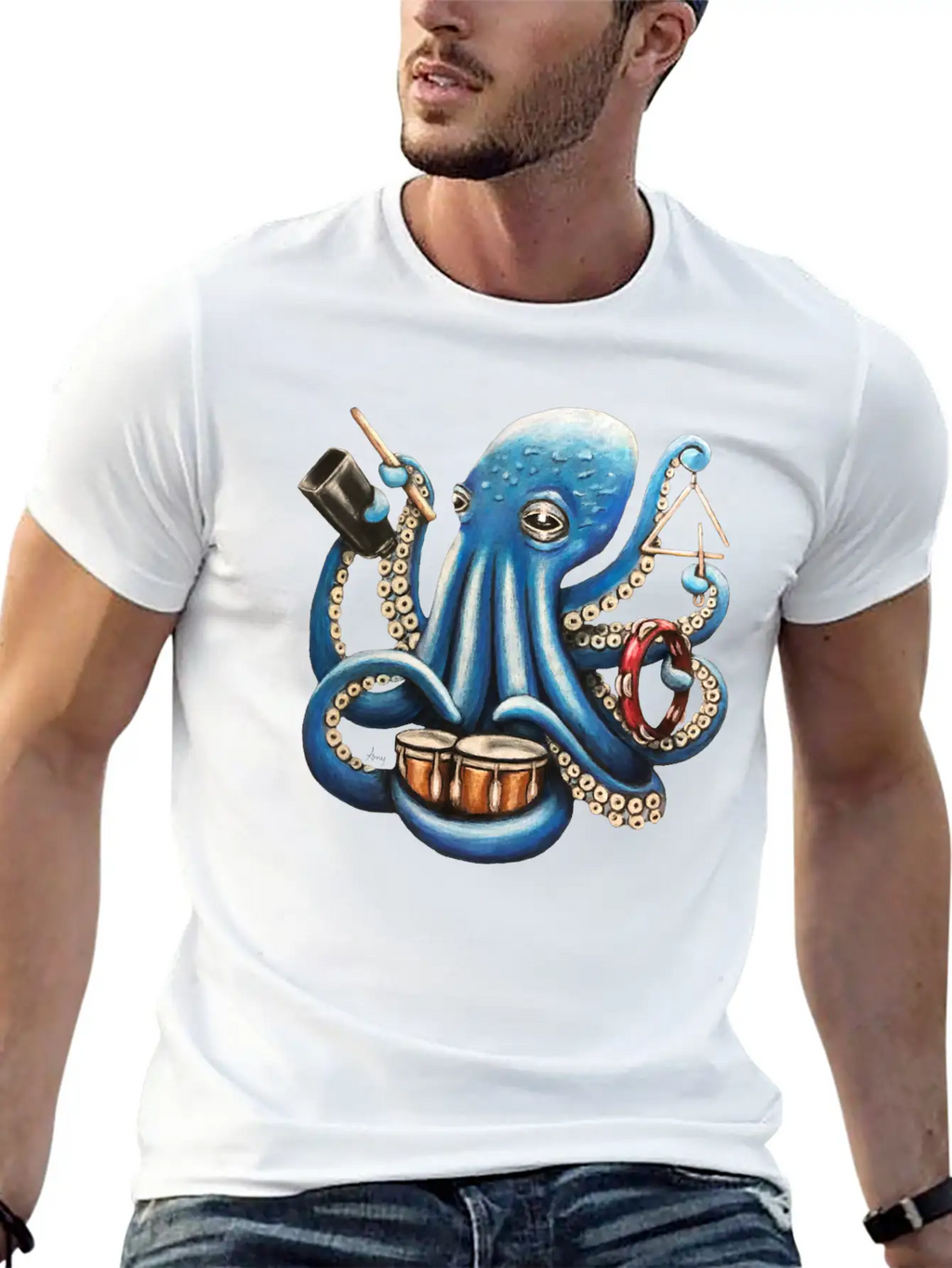 "Octo Rhythm" - Octopus Percussion Breathable Soft Cotton T-Shirt – Timeless Casual Look