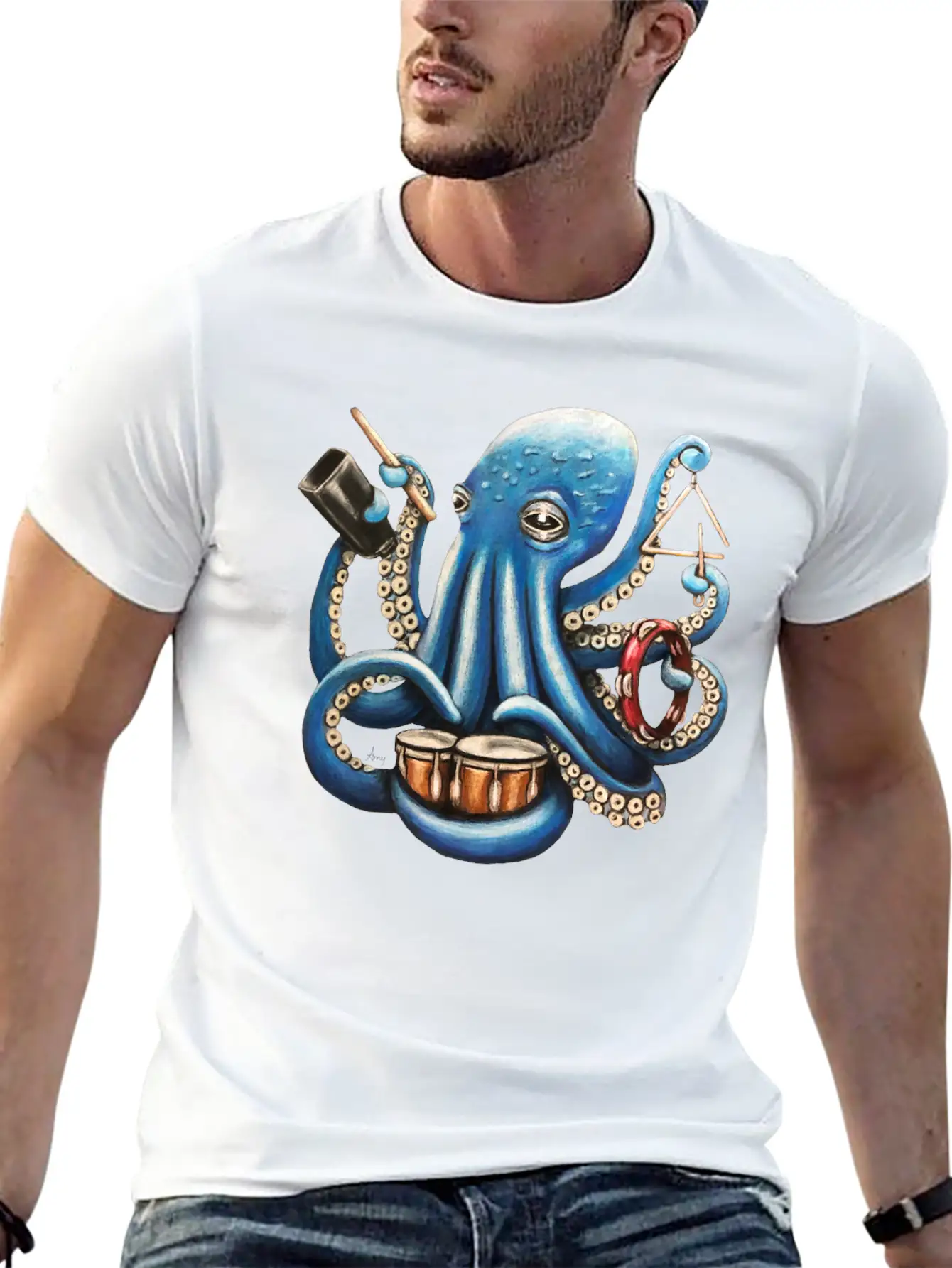"Octo Rhythm" - Octopus Percussion Breathable Soft Cotton T-Shirt – Timeless Casual Look