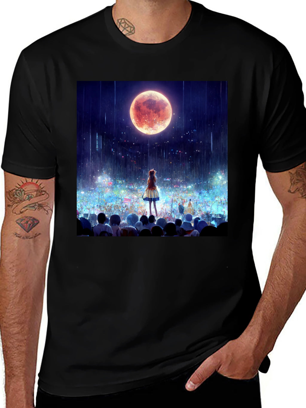 Anime Moon Crowd Graphic Tee - Black