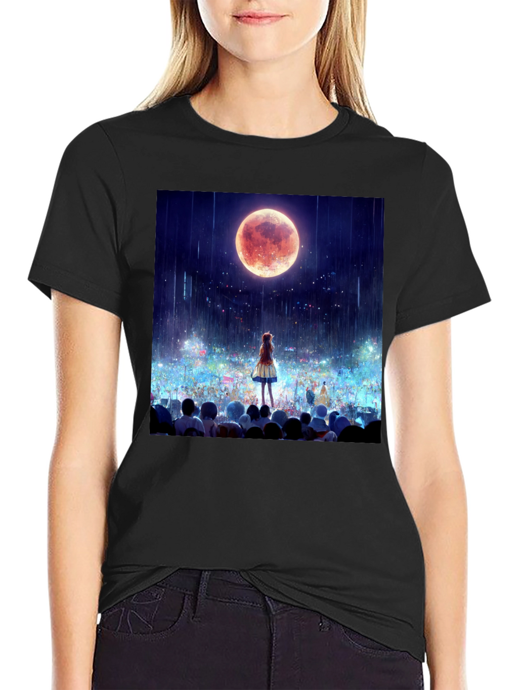 Anime Moon Crowd Graphic Tee - Black