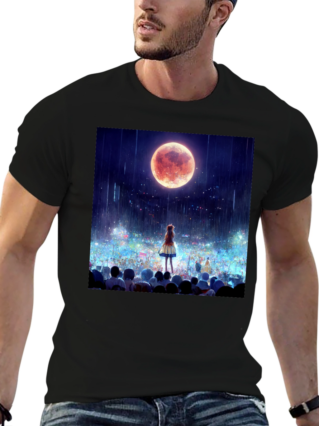 Anime Moon Crowd Graphic Tee - Black