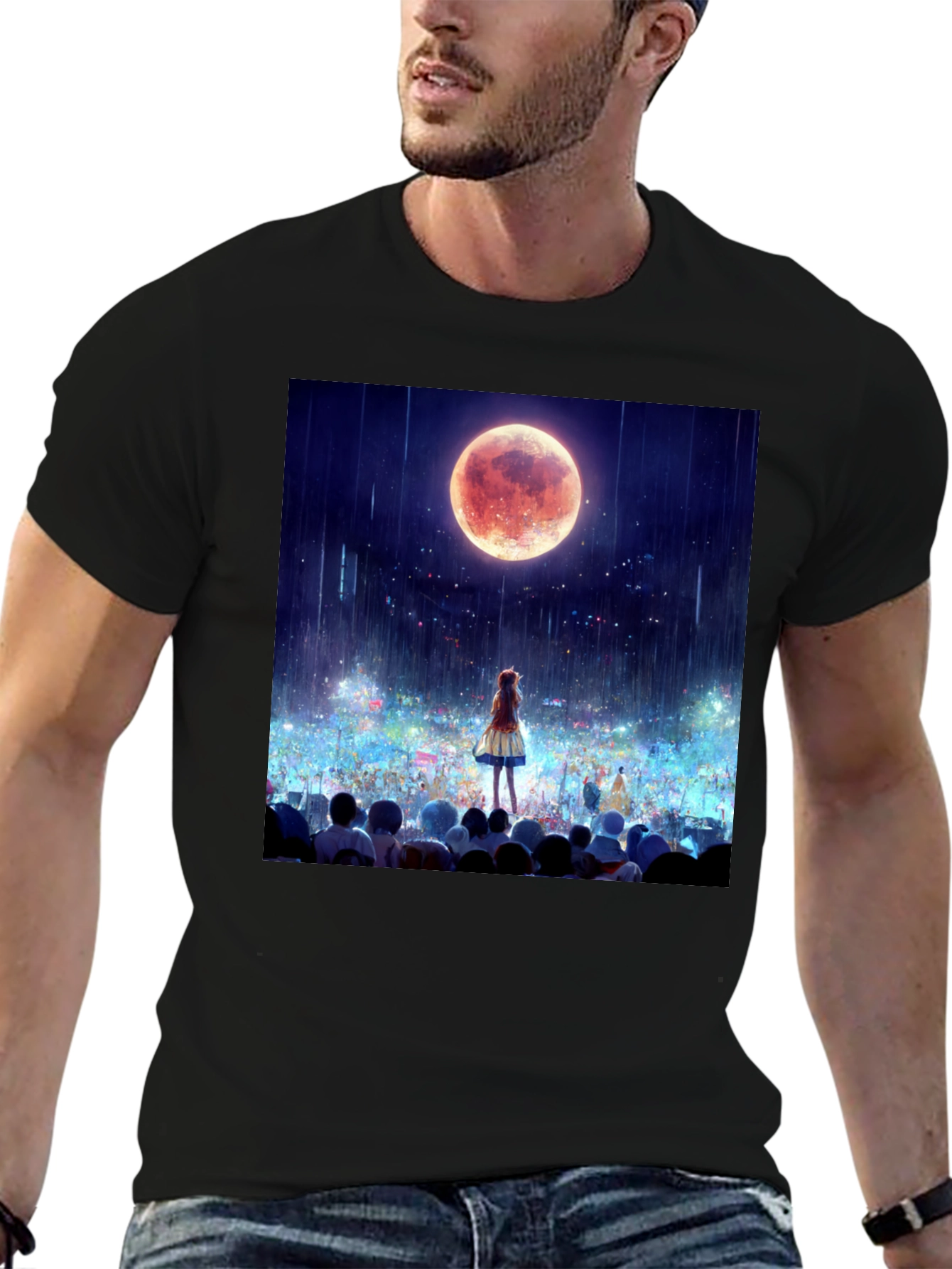 Anime Moon Crowd Graphic Tee - Black