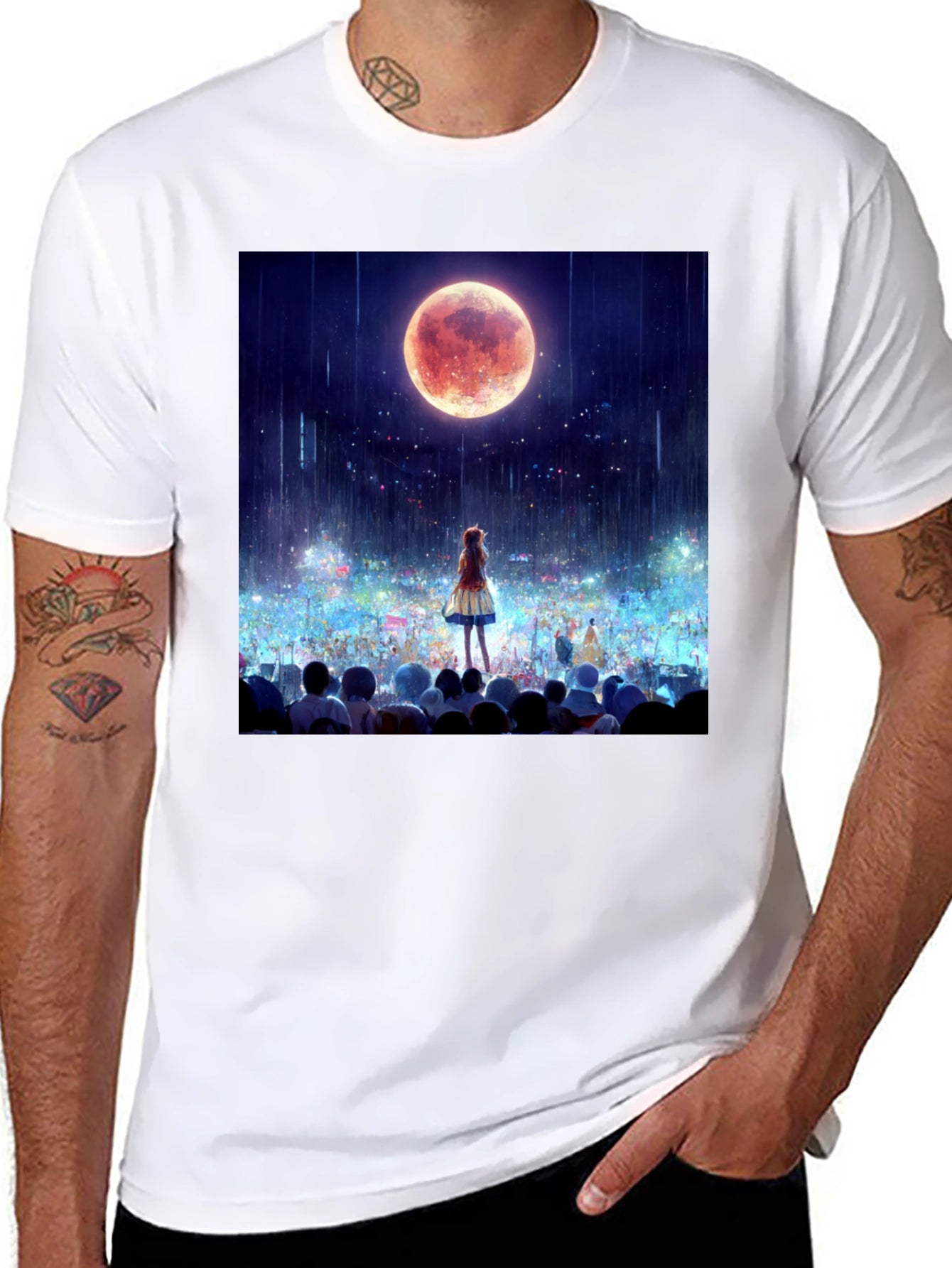 Anime Moon Crowd Graphic Tee - Black
